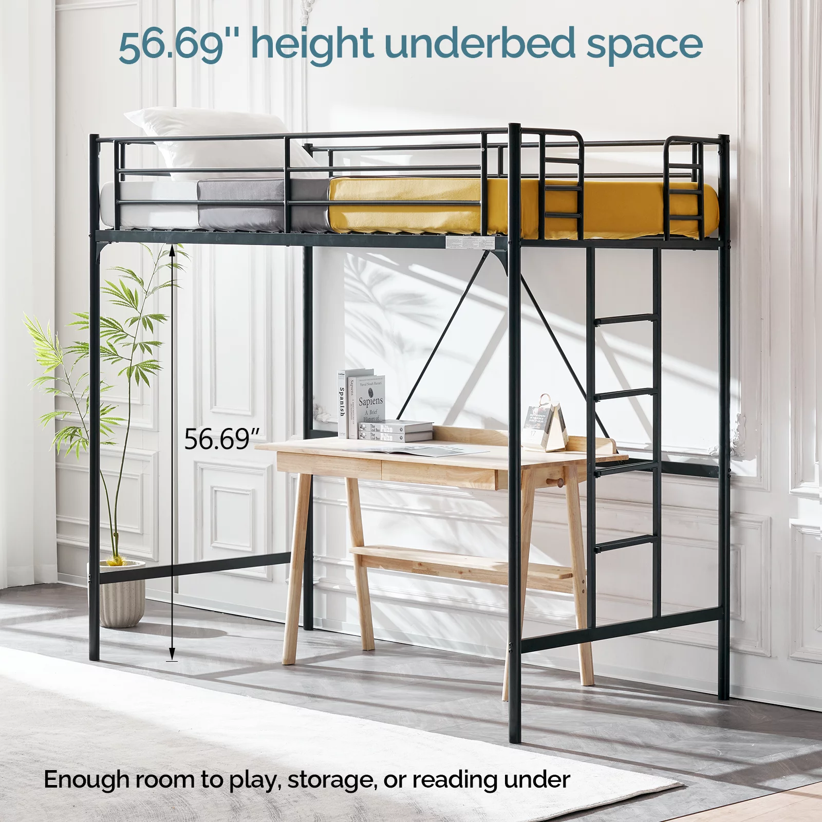 VINGLI Metal Loft Bed with Stairs and Flat Rung, Junior Loft Bed Twin Size High Loft Bed for Kids/Teens/Adults, No Box Spring Required, Black