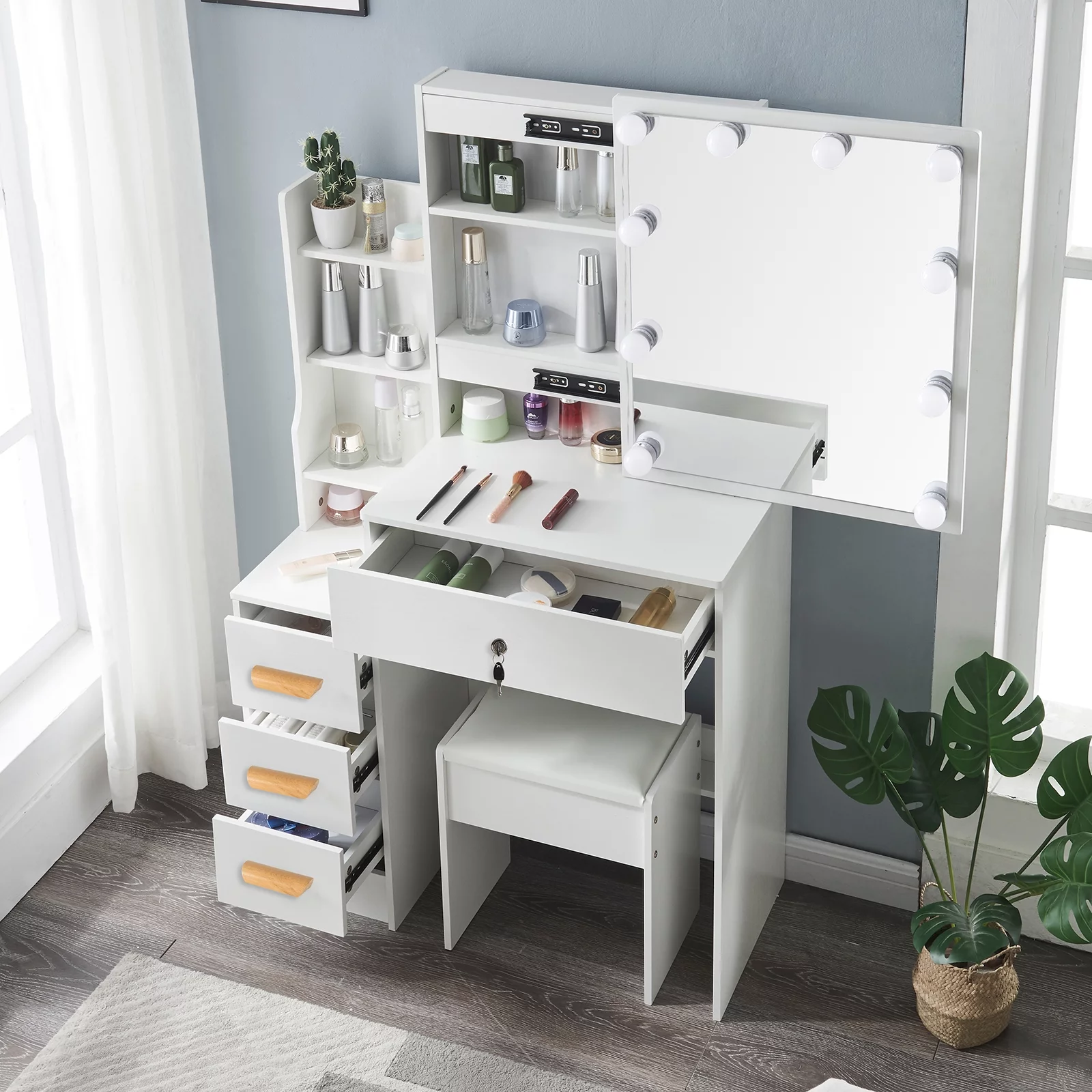 Yamissi Vanity Desk with Lighted Mirror, Makeup Dressing Table with Shelves & Drawers, Vanity Set with Mirror for Bedroom, White