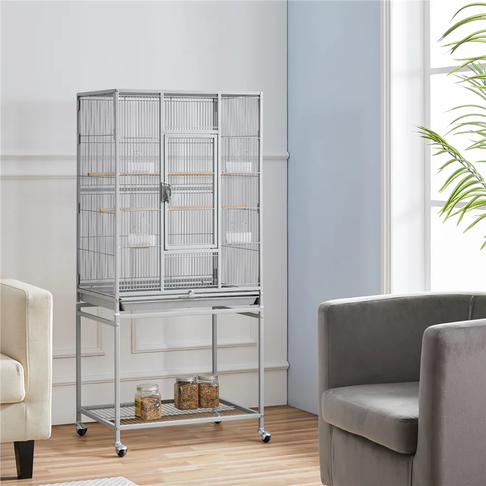 Topeakmart 54''H Large Rolling Metal Parrot Cage Bird Cage with Detachable Stand for Conures Parakeets Cockatiels, Light Gray