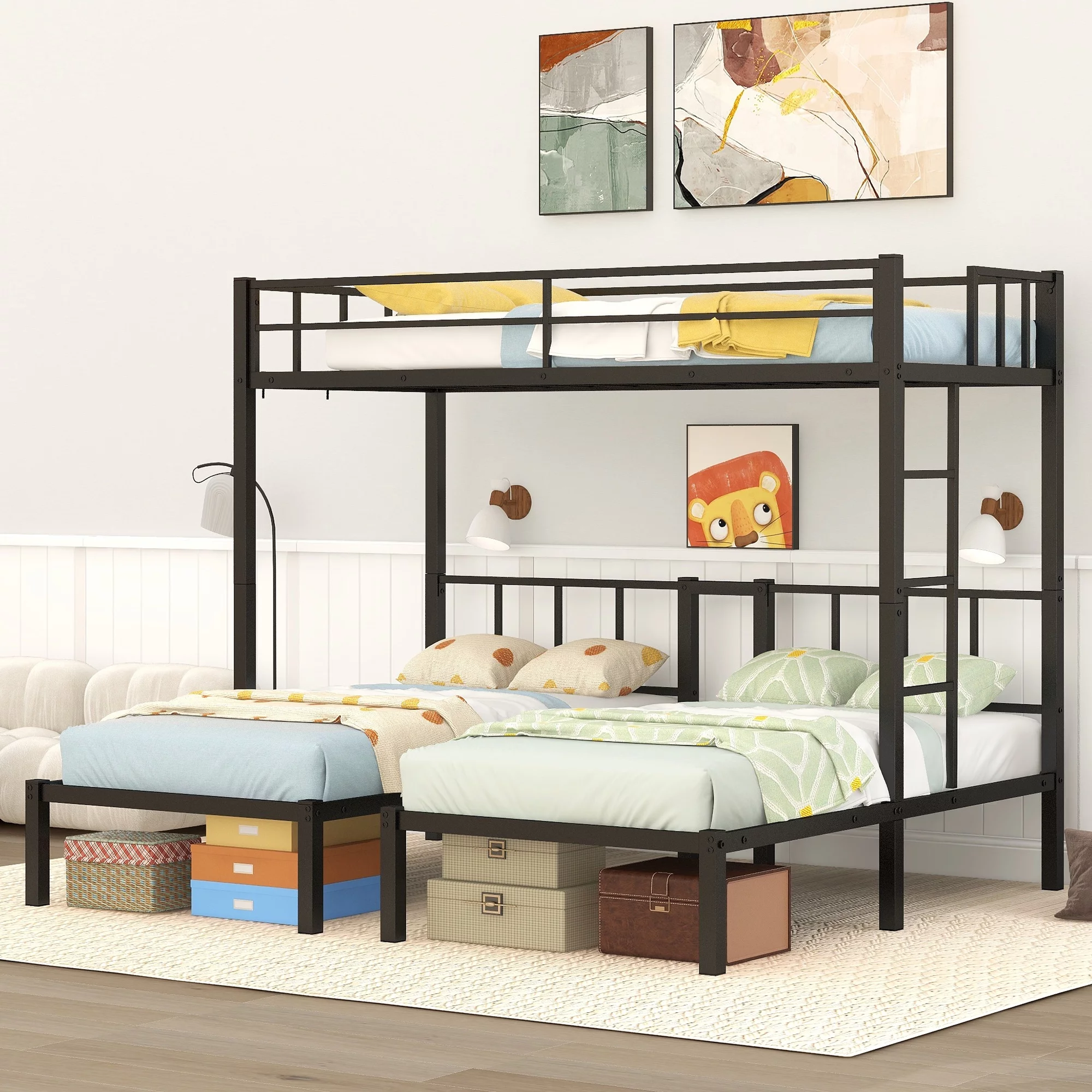 Metal Triple Bunk Bed for 3,Twin over Twin&Twin Size Bunk Bed with Built-in Shelf,Can be divided into 3 Separate Bed,Heavy-Duty Steel Bed Frame for Kids Teens Adults (Black)