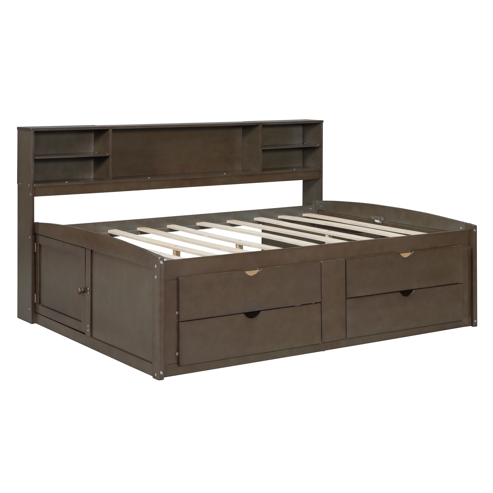 Full Size Solid Wood Bed Frame with 2 Bedside Cabinets, Upper Shelves and 4 Drawers, Platform Bed Frame, Mid Century Bedframe, Wood Daybed, Wood Foundation(Brown, Full)