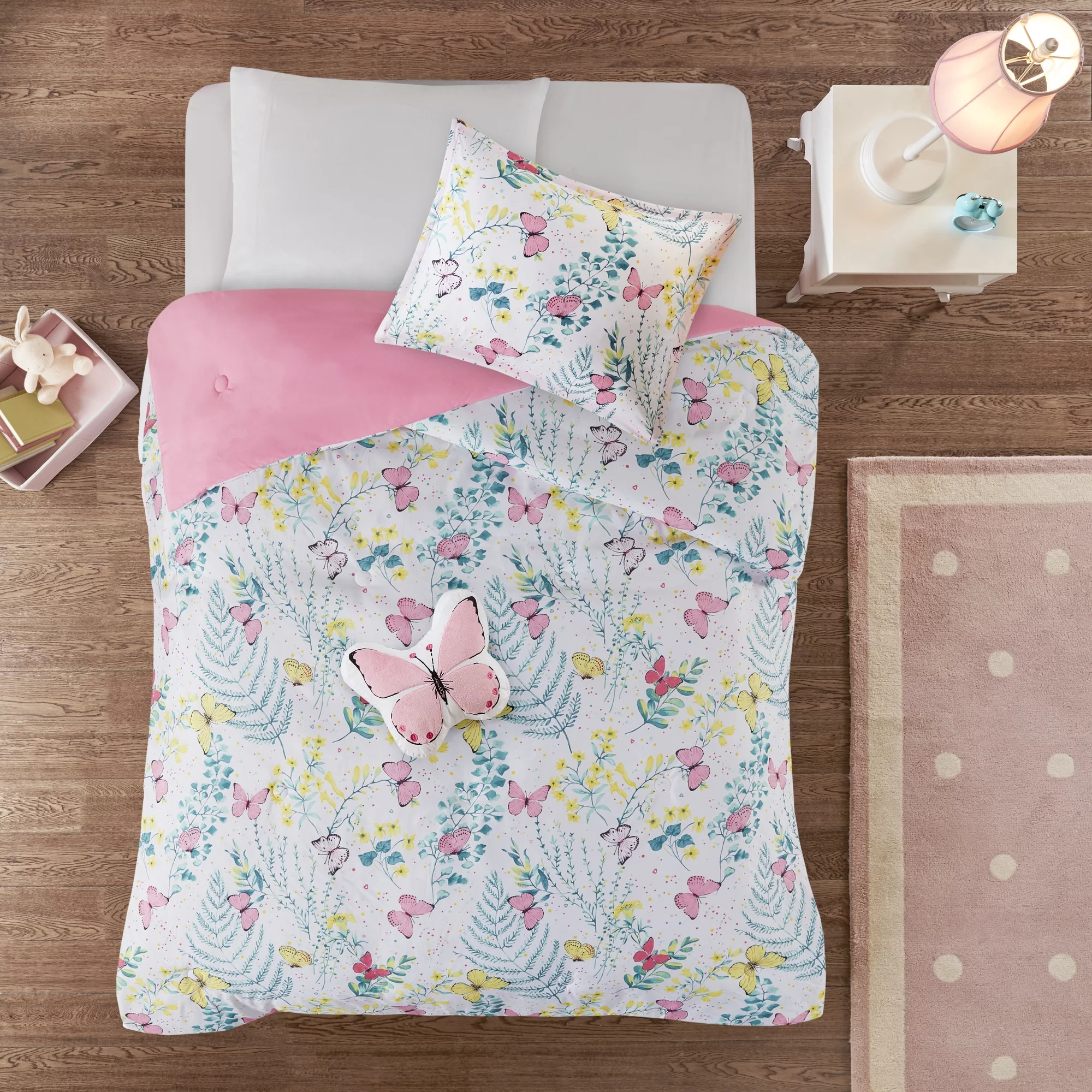 Mi Zone Kids Full/Queen Girl Comforter Set with Decor Pillow Pink Floral Butterfly All Season Kids Bedding 4Pcs