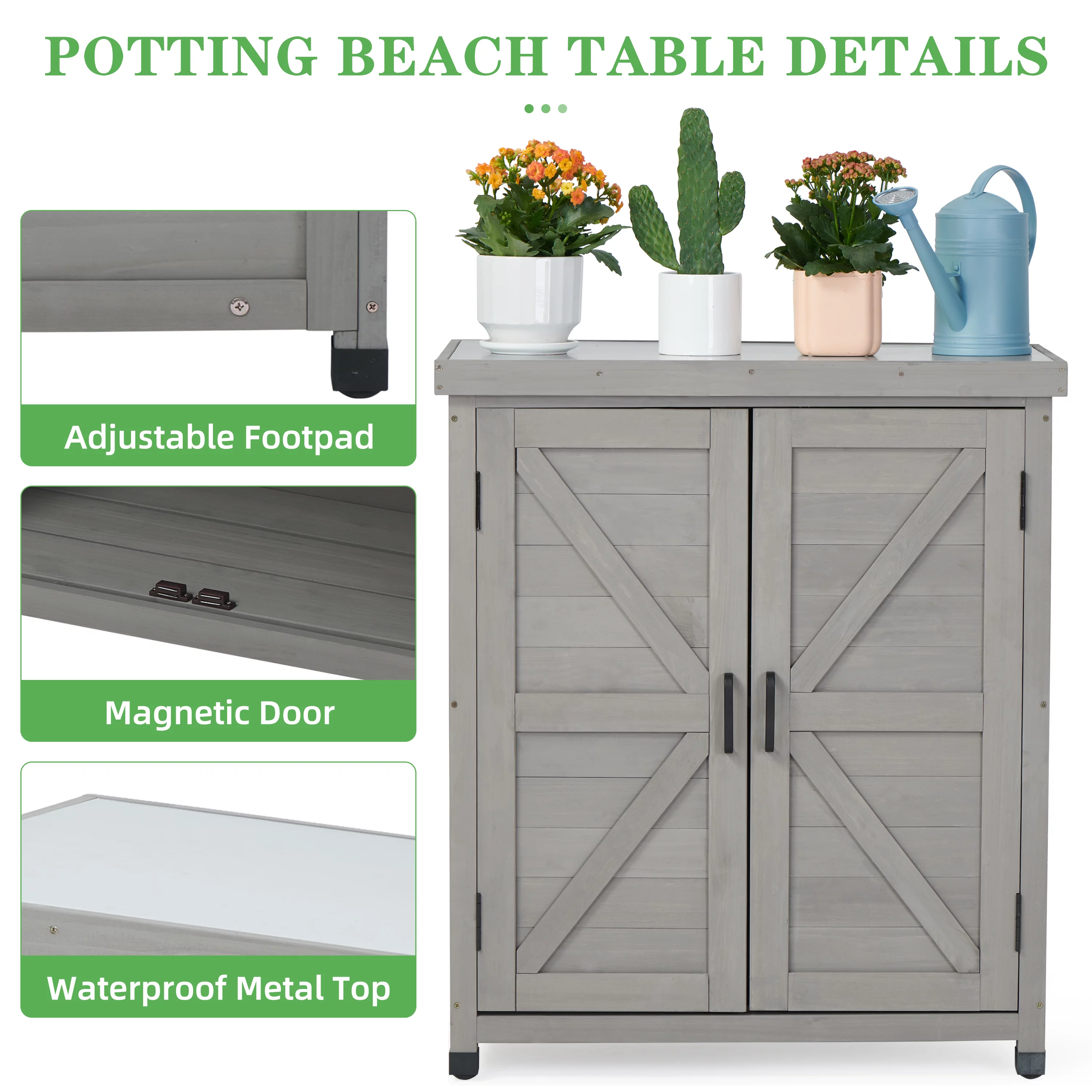D-road Wood Garden Storage Cabinet & Potting Bench Table W/ Metal Top Work Station for Indoor/Outdoor, Gray