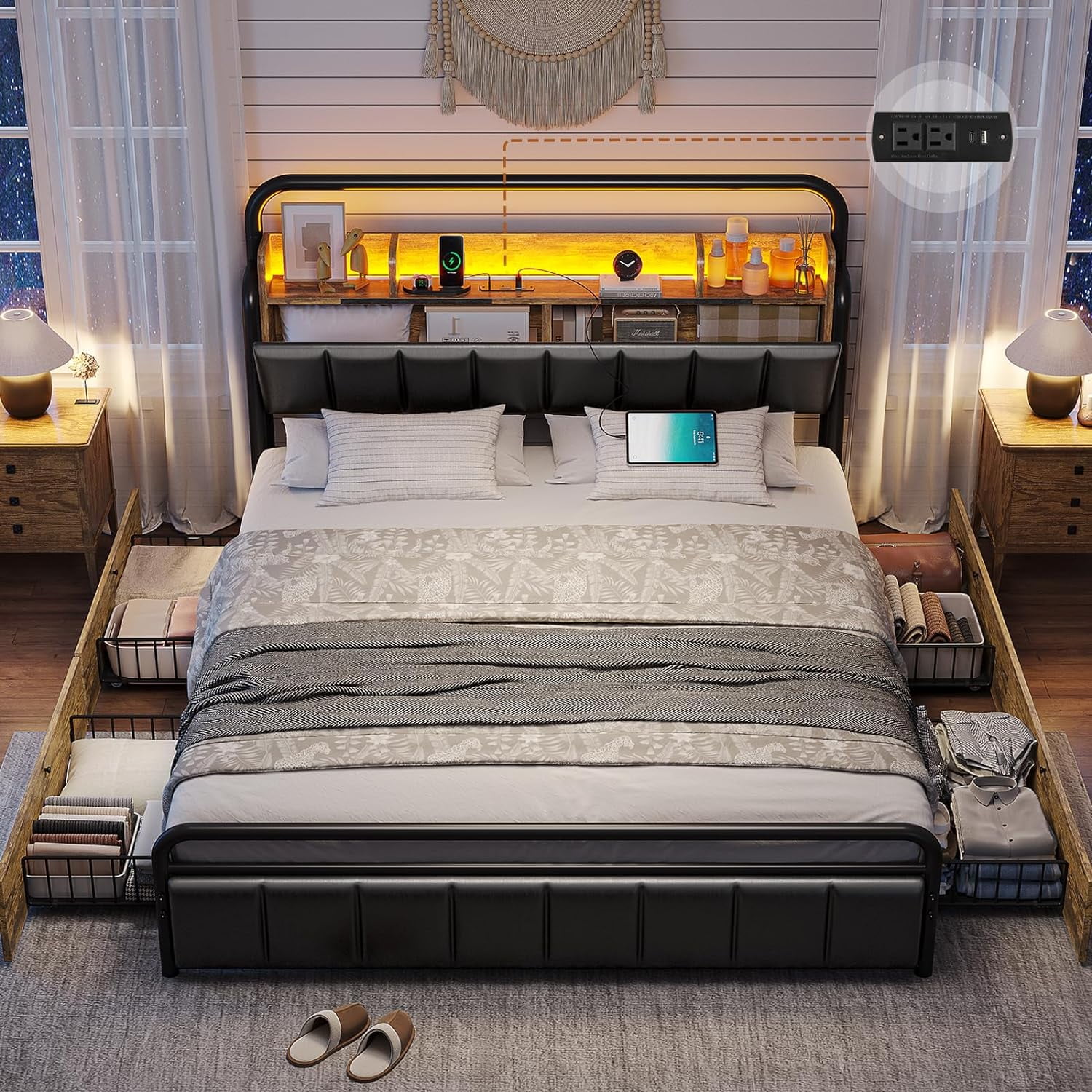 Queen Size Bed Frame with Storage Headboard & Hidden Storage Metal Platform LED Bed Frame with 4 Drawers & Charging Station,Upholstered Headboard,Noise-Free,Black