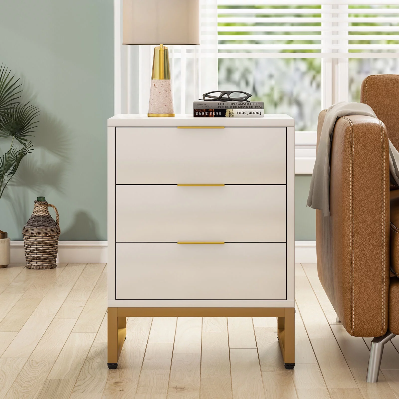 Tribesigns 3 Drawers Nightstand, Living Room White & Gold Side End Table, Bedside Table with Metal Frame