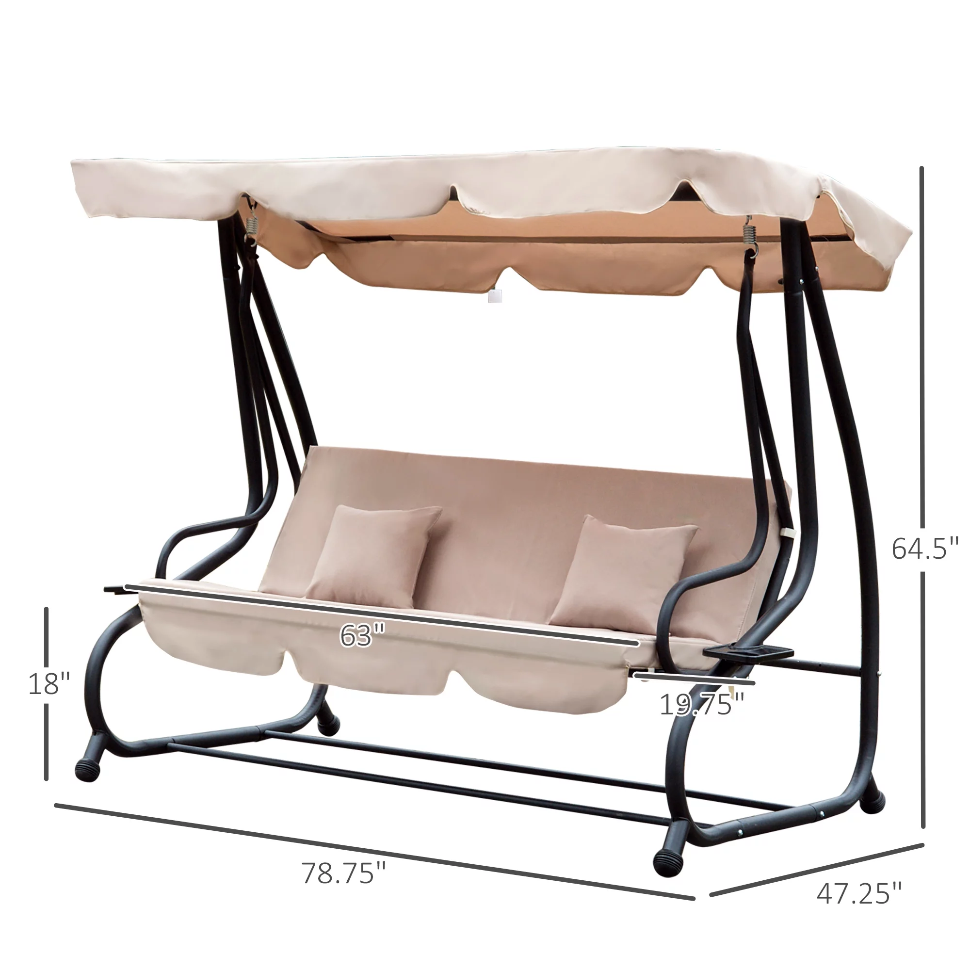 Outsunny 3-Seat Outdoor Patio Swing Chair, Converting Flatbed, Outdoor Swing Glider with Adjustable Canopy, Removable Cushion and Pillows, for Porch, Garden, Poolside, Backyard, Light Brown