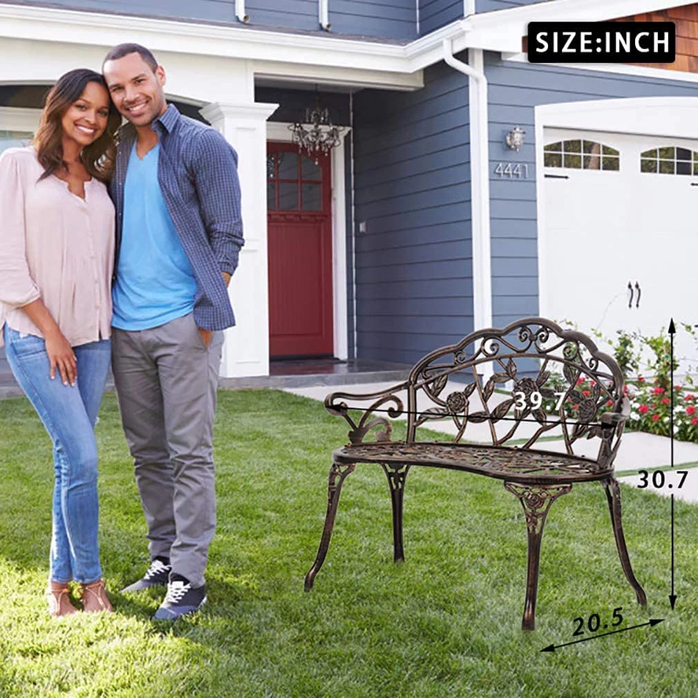 Garden Bench Outdoor Metal Rose,39in Cast Iron Well-Crafted Floral Back Antique Finish Park Chair,Accented Lawn Front Porch Path Yard Bronze Decor Deck Furniture for 2|Easy Assembly