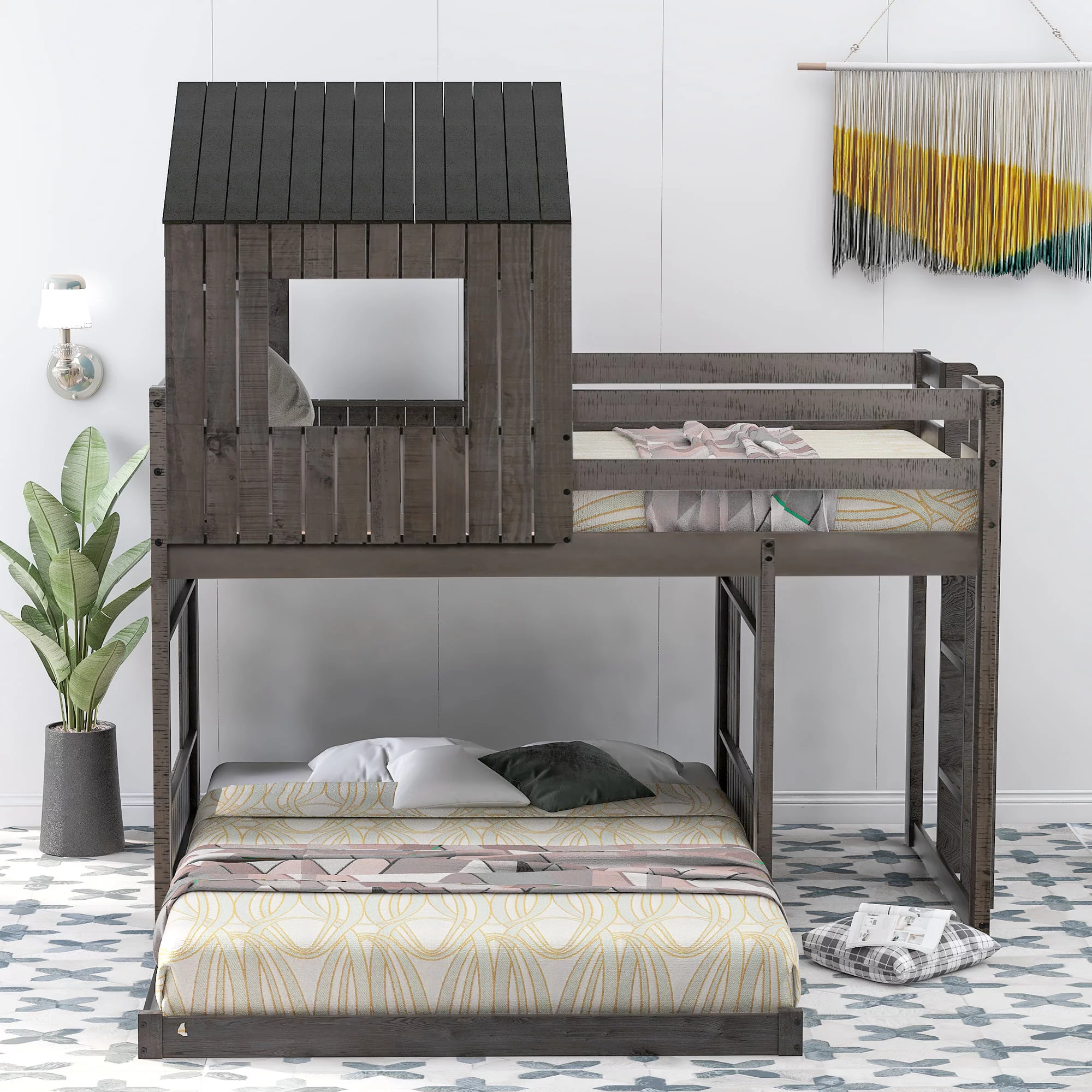 Royard Oaktree Twin Over Full House Bunk Beds with Roof and Windows Wooden Bunk Bed Frame with Ladder and Guardrails for Kids, Teens, Antique Gray