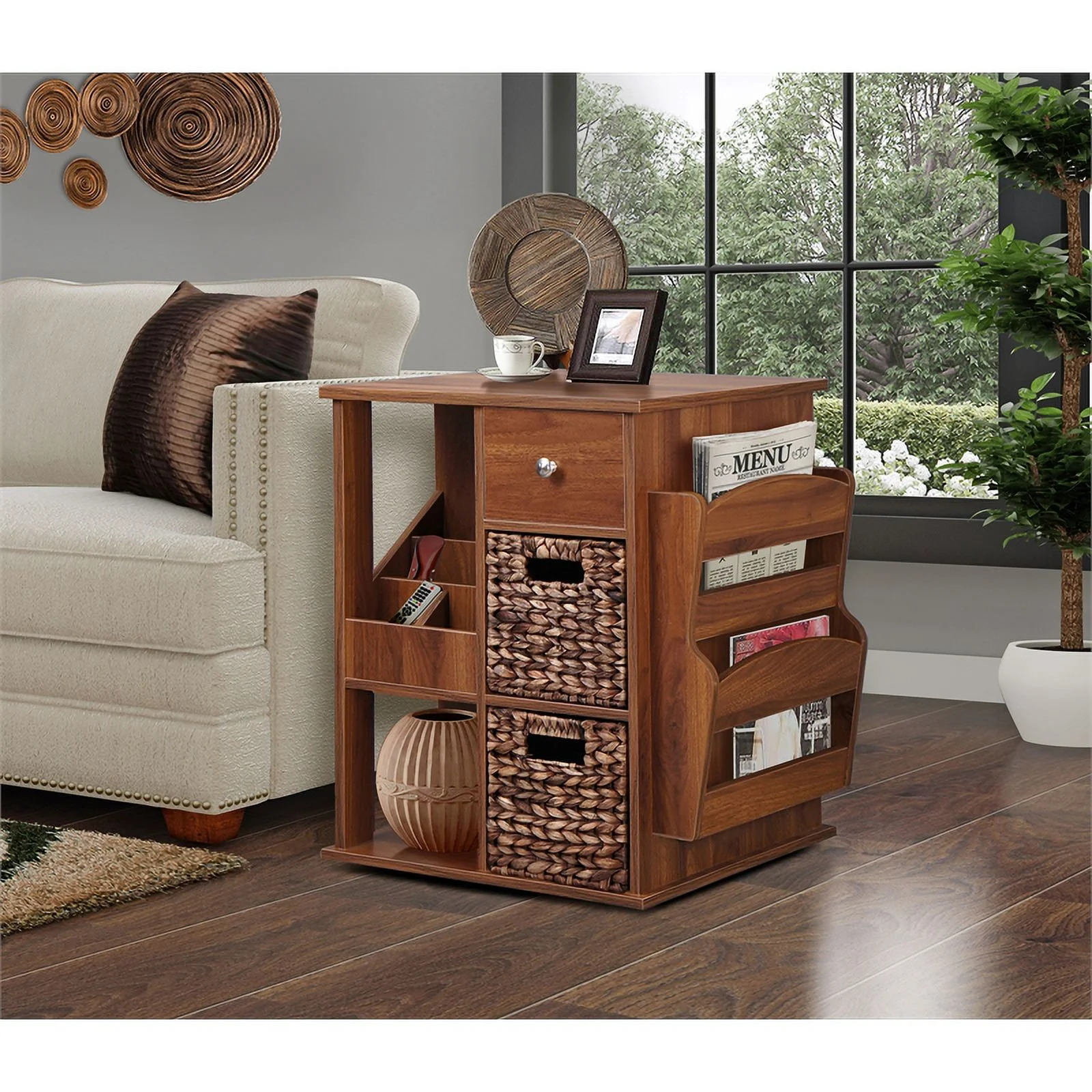 Gallerie Decor All-In-One Transitional Wood Revolving Side Table in Walnut