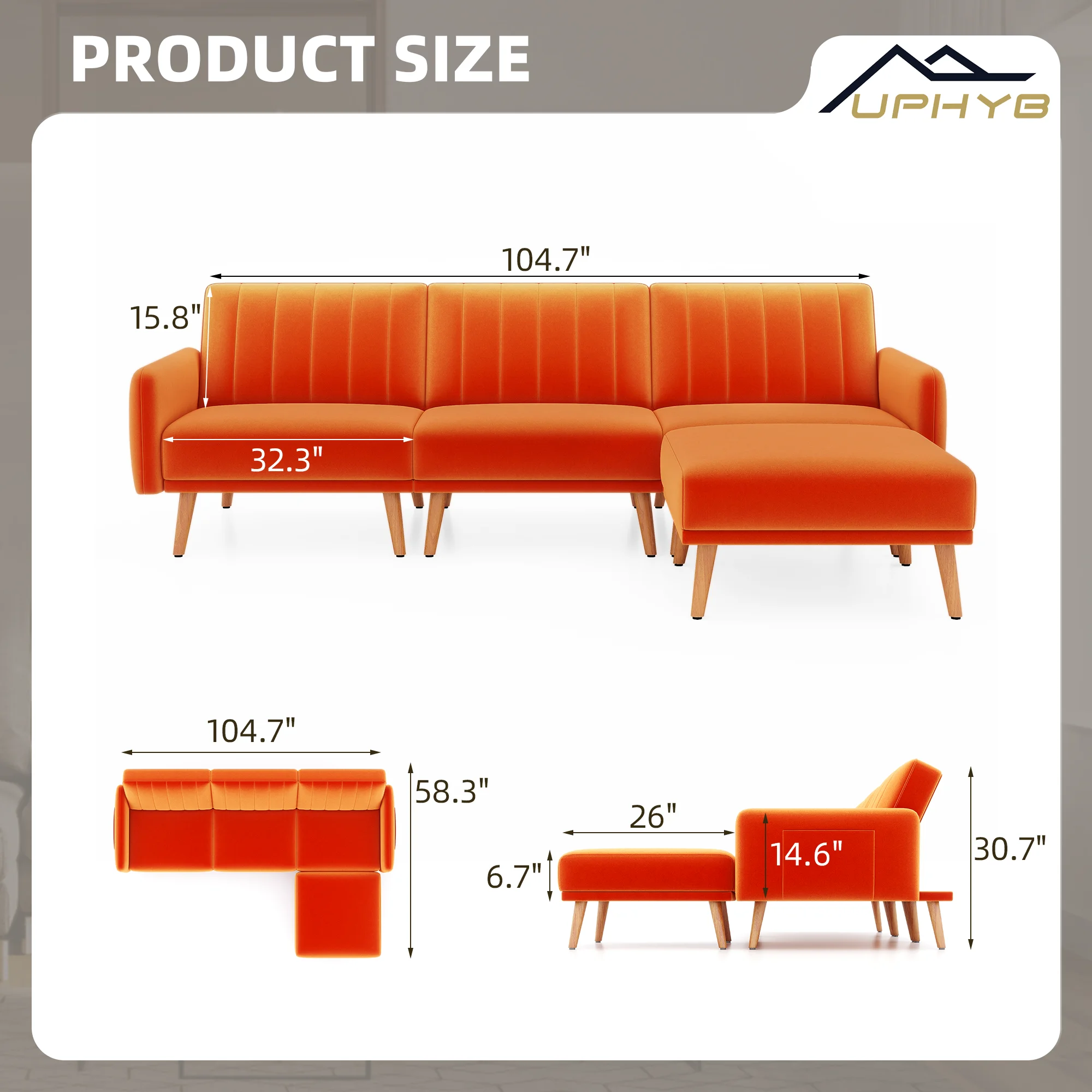 JOMEED L-Shaped Velvet Sectional Sofa Couch, Modern Convertible Sleeper Sofa Bed with Adjustable Backrest, 2 Pillows and Ottoman, Modular Sofa Couch for Living Room and Apartment