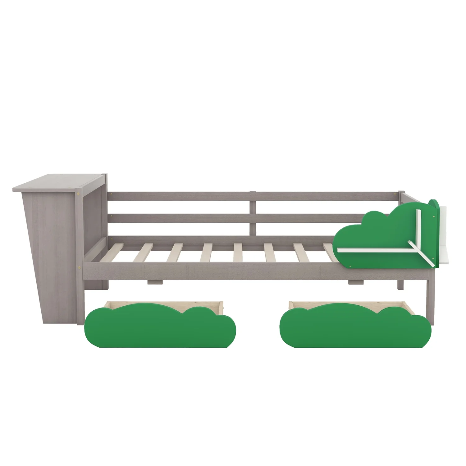 Churanty Twin Size Daybed with Storage Drawers and Desk,Wood Twin Bed Frame with Green Leaf Shape Shelves for Kids Bedroom,Gray