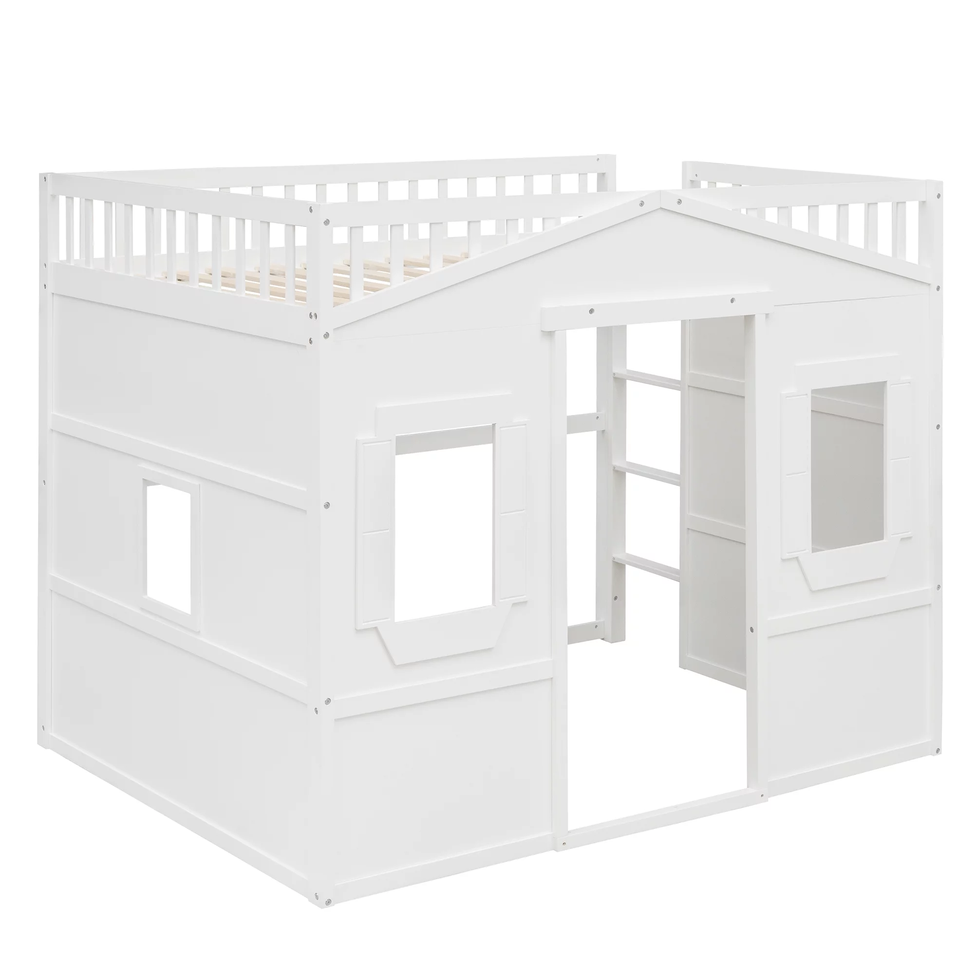 Royard Oaktree Twin Size House Loft Bed with Under-bed Playhouse, Window, and Wall, Wood Loft Bed Frame with Guardrail and Ladder for Kids Boys Girls Teens, White