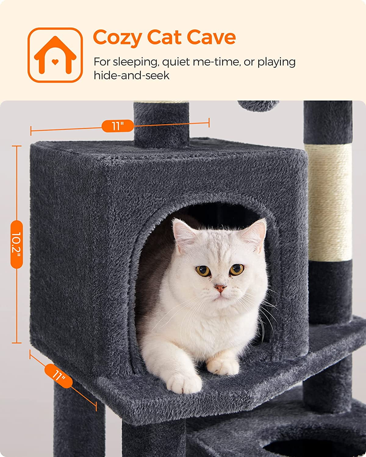 Feandrea Cat Tree, 61-Inch Cat Tower for Indoor Cats, Plush Multi-Level Cat Condo with 5 Scratching Posts, 2 Perches, 2 Caves, Hammock, 2 Pompoms, Light Gray UPCT192W01