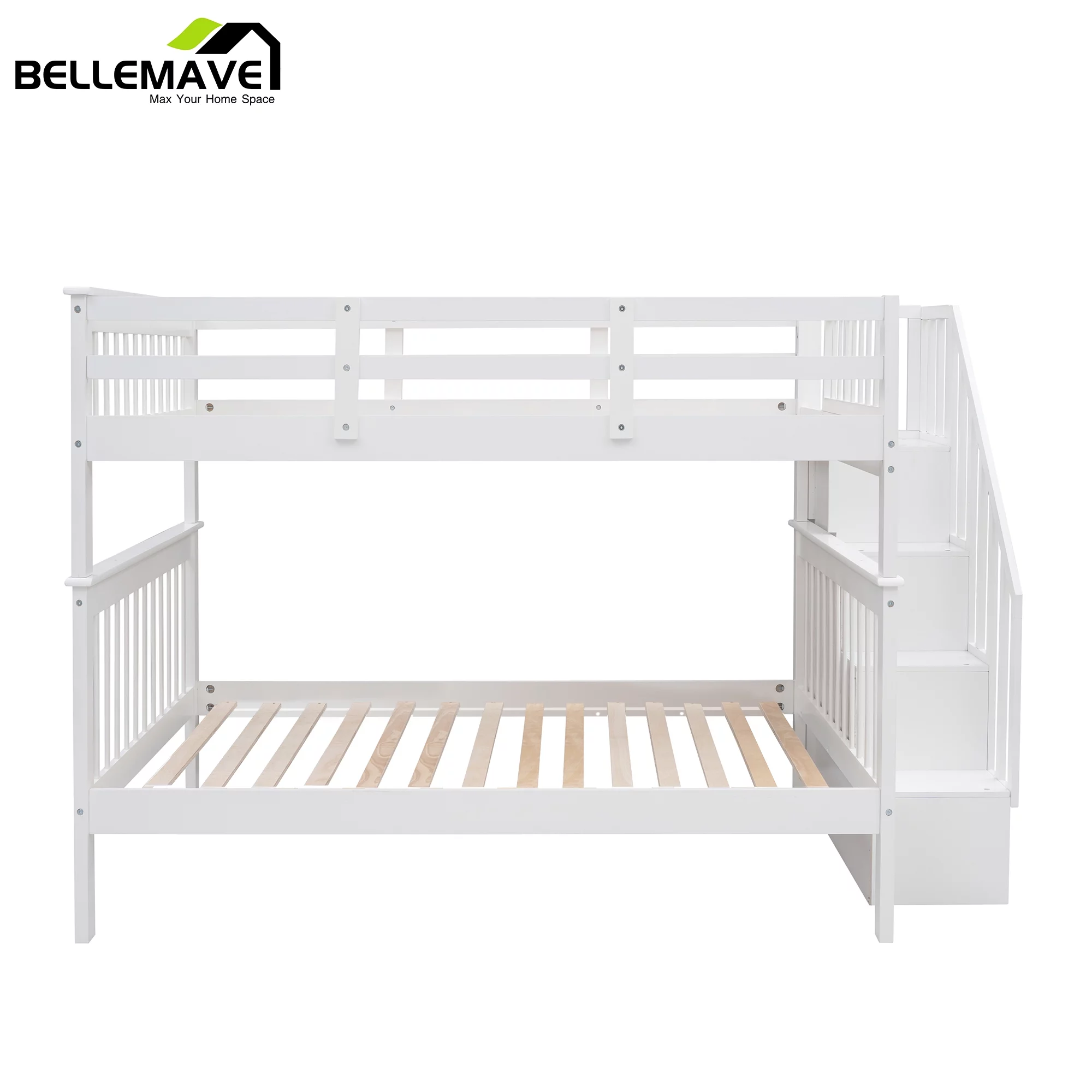 BELLEMAVE Full over Full Bunk Beds for Kids, Kids Bunk Beds with Storage Stairs and Full-Length Guardrail, Convertible Into 2 Bed, No Box Spring Needed(White)
