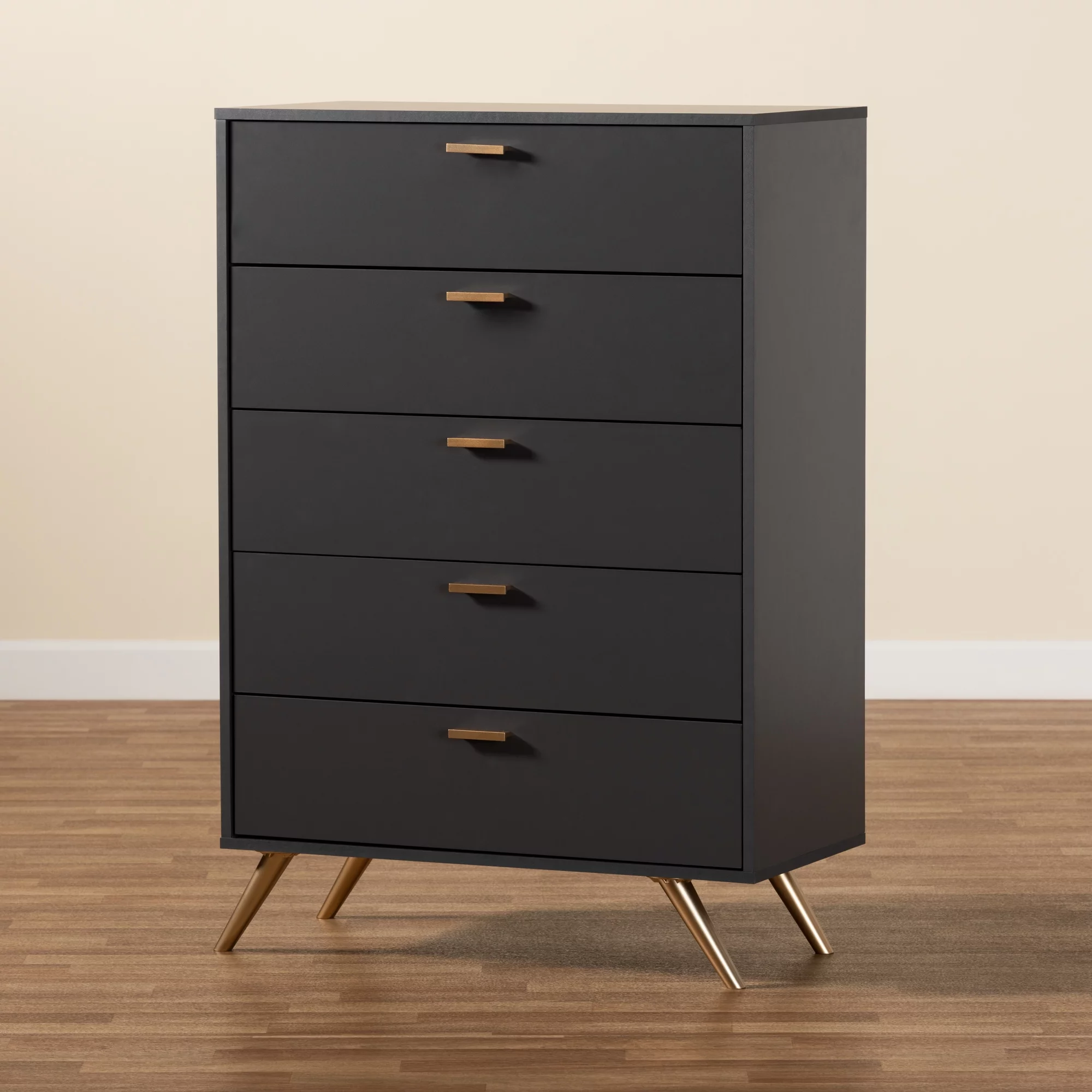 Baxton Studio Kelson Modern and Contemporary Dark Grey and Gold Finished Wood 5-Drawer Chest