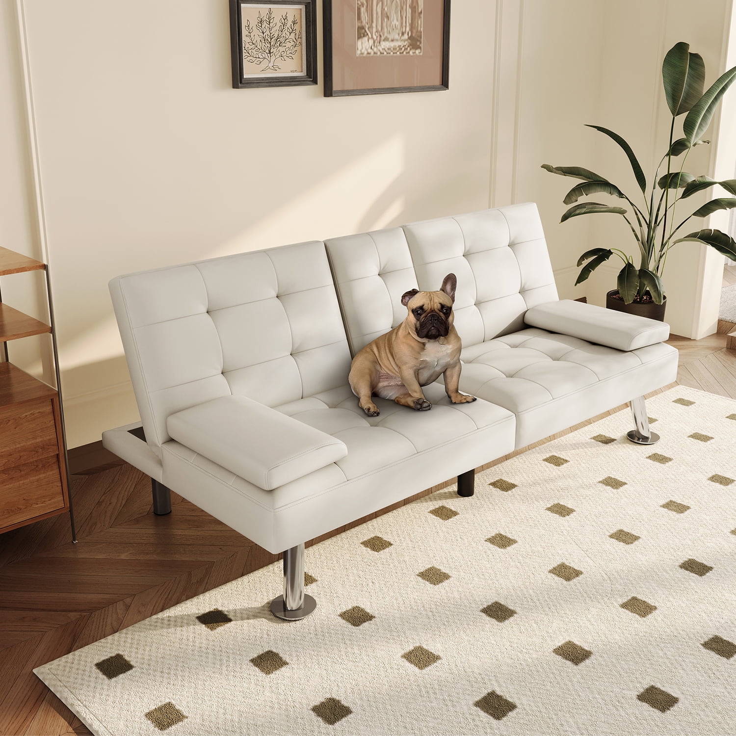 LINSY HOME Faux Leather Upholstered Convertible Futon Sofa Bed for Compact Living Space, Apartment, Dorm, White