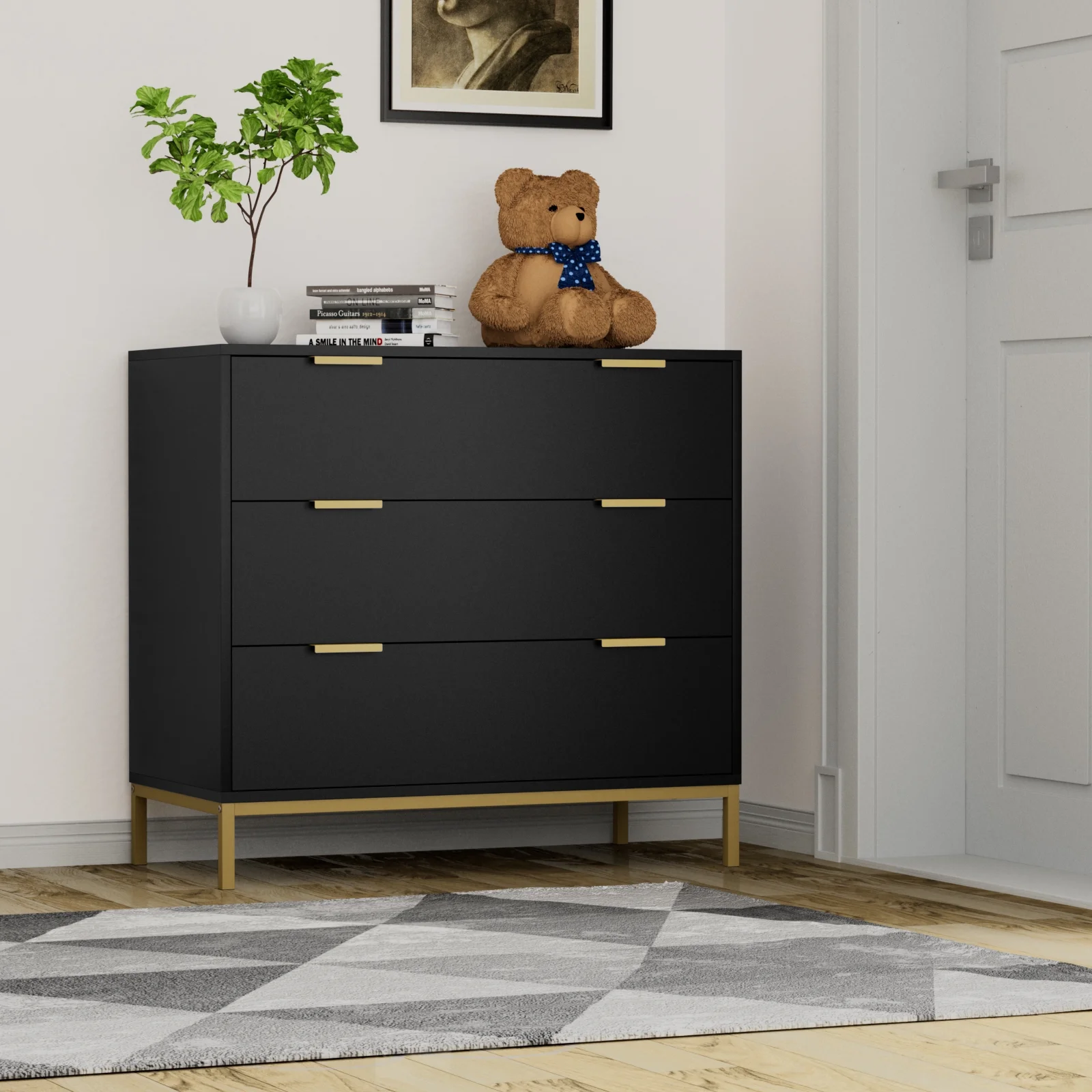 3 Drawer Black Wood Dressers Chest,29.3