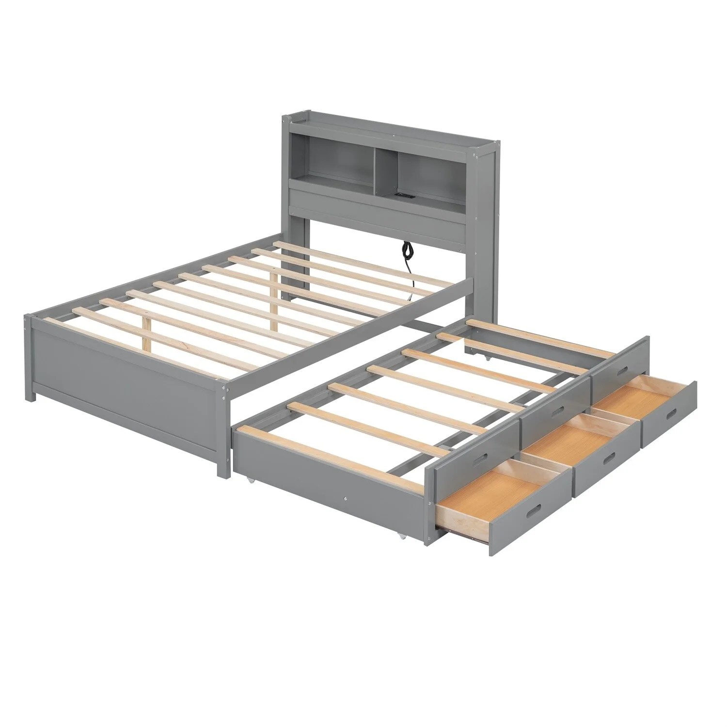 MERAX  Full Size platform bed with trundle, drawers and USB plugs Grey