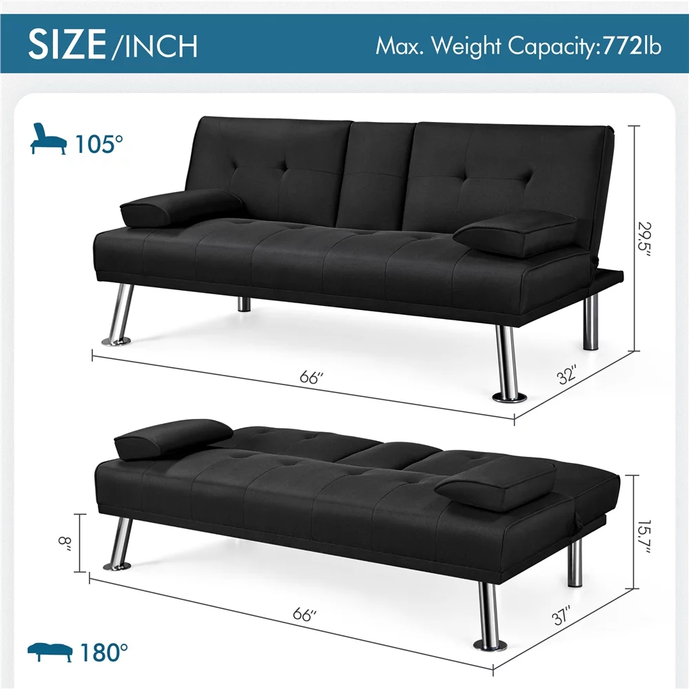 Topeakmart Convertible Futon Sofa Bed Tufted Fabric Futon Couch Bed with 2 Cup Holders, Black