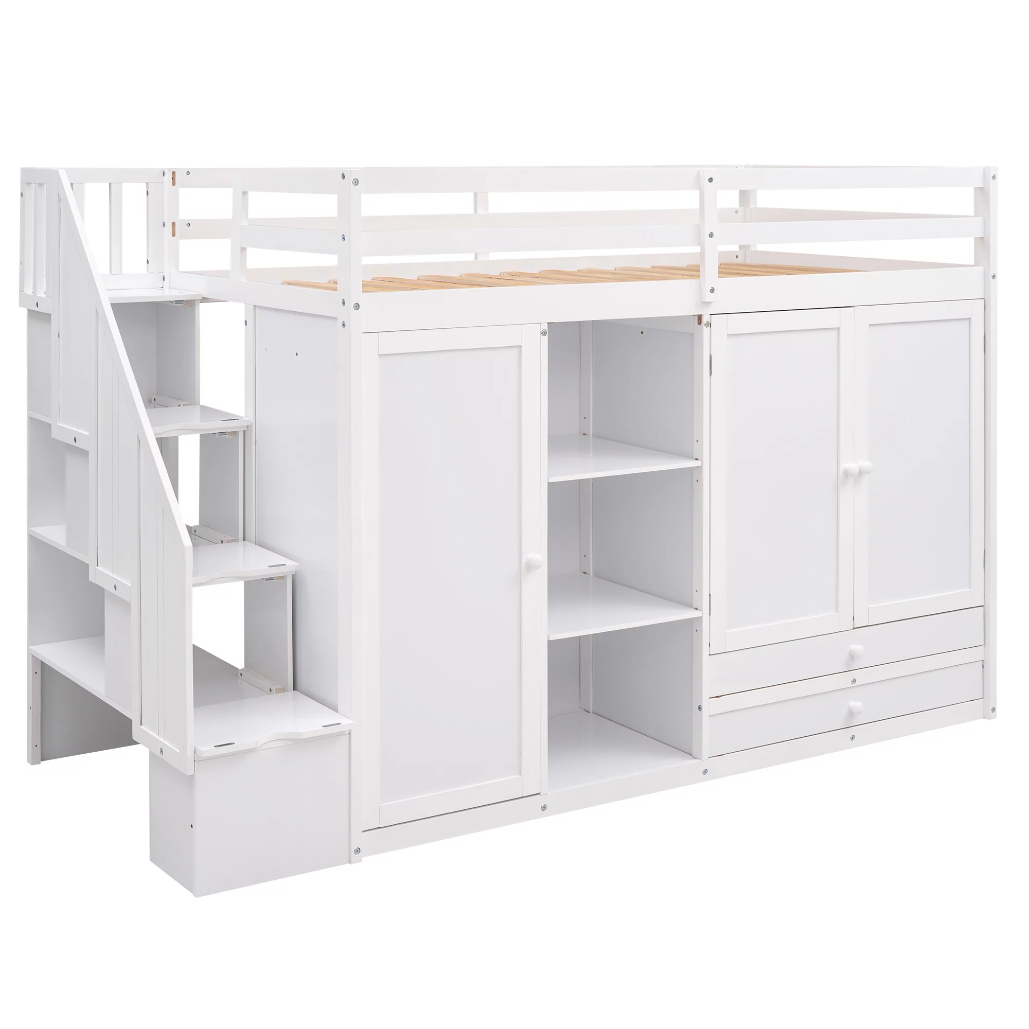 Functional Twin Wood Loft Bed with 3 Shelves, 2 Wardrobes and 2 Drawers, Ladder with Storage, Staircase, Loft Bed with Shelves, Loft Twin Bed for Teenagers, Multiple Functions Bed(White)