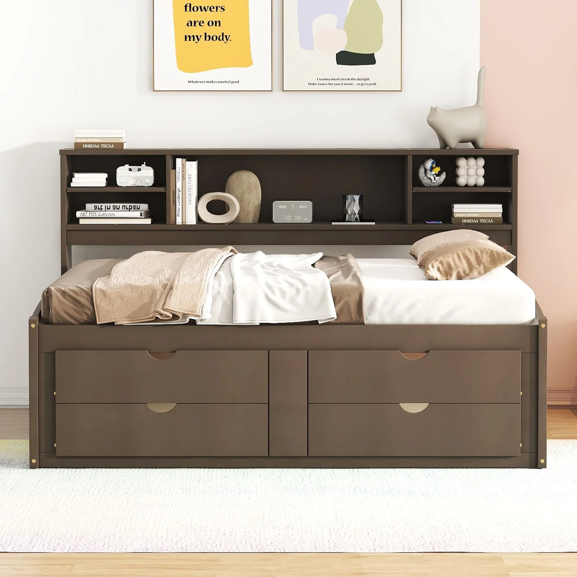 Full Size Solid Wood Bed Frame with 2 Bedside Cabinets, Upper Shelves and 4 Drawers, Platform Bed Frame, Mid Century Bedframe, Wood Daybed, Wood Foundation(Brown, Full)