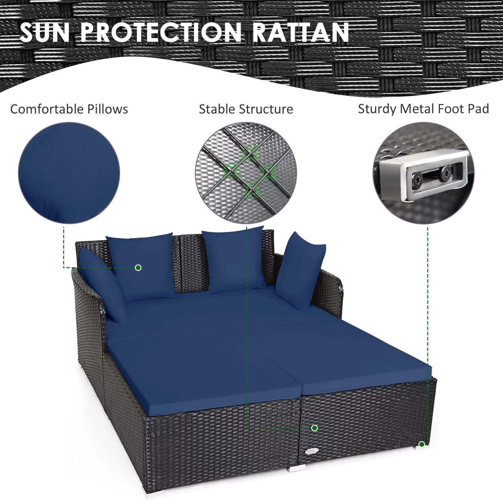 Outdoor Patio Rattan Daybed Cushioned Patio Conversation Set Sofa Furniture, Navy