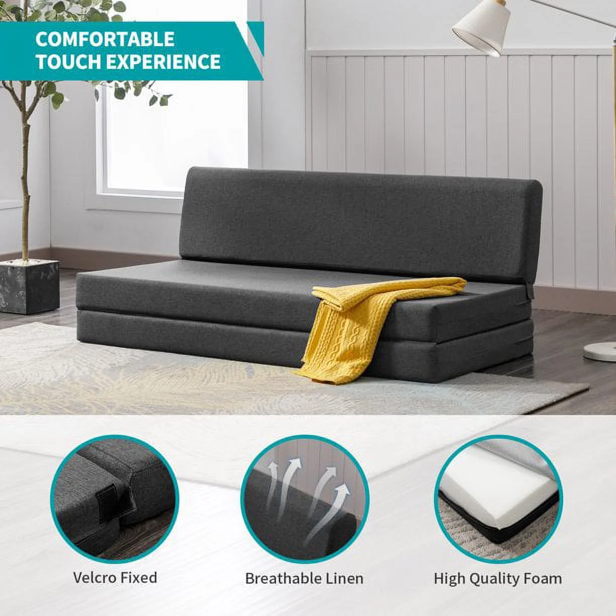 BALUS Convertible Sofa Bed, Living Room Couch Futon Chair, Adjustable Backrest Foldable Floor Sleeper for Small Room, Apartment, Guest Room, Gray