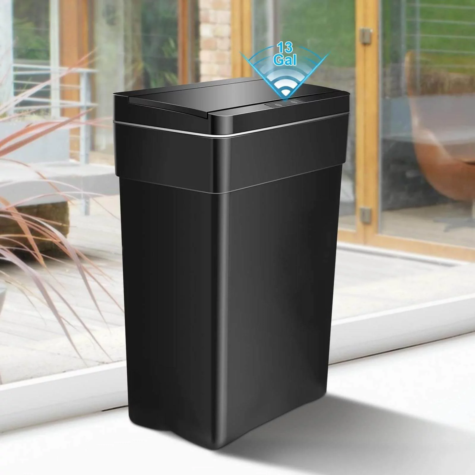 13 Gallon Kitchen Trash Can, Automatic Garbage Can with Touch-Free & Motion Sensor, Anti-Fingerprint High-Capacity Plastic Waste Bin, Black
