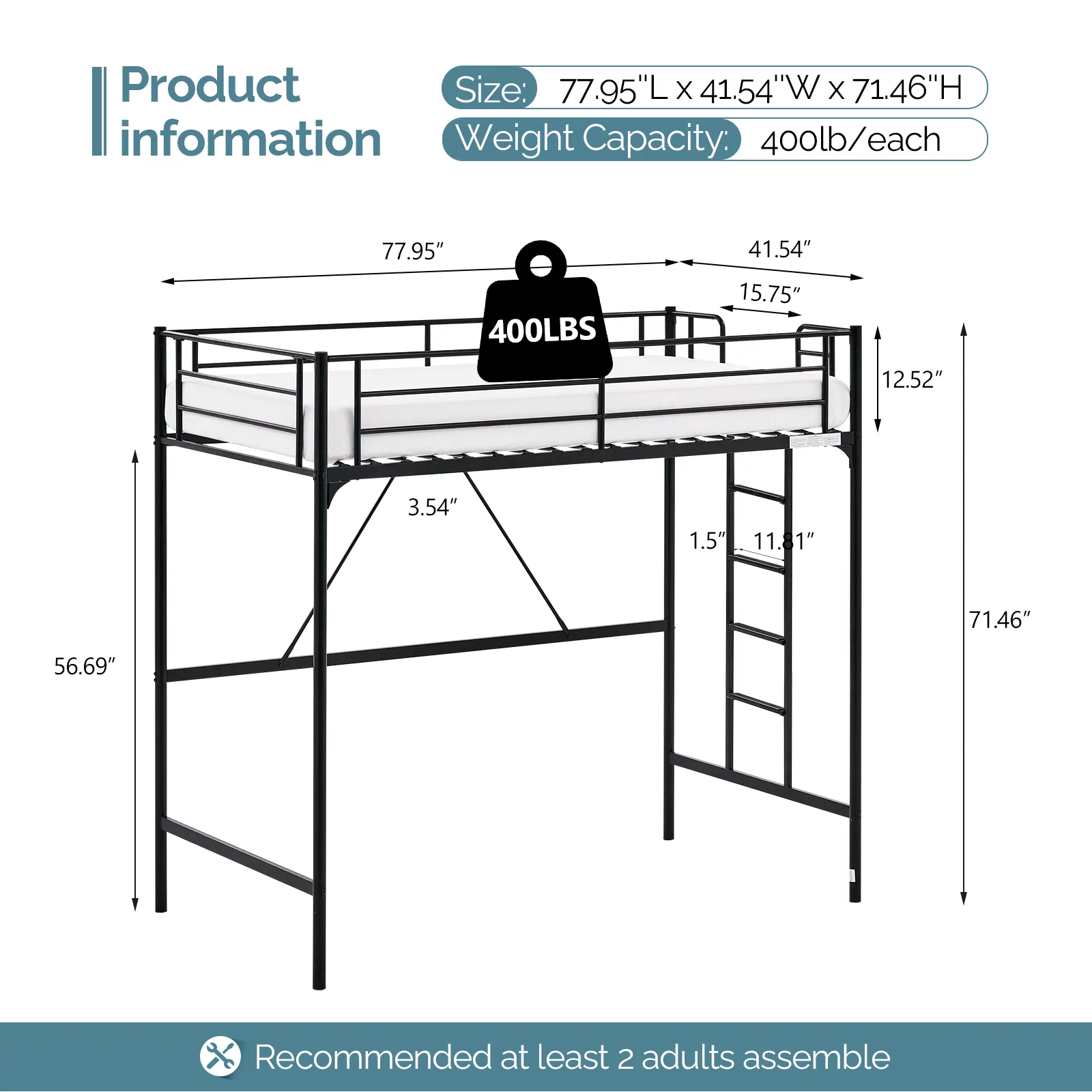 VINGLI Metal Loft Bed with Stairs and Flat Rung, Junior Loft Bed Twin Size High Loft Bed for Kids/Teens/Adults, No Box Spring Required, Black