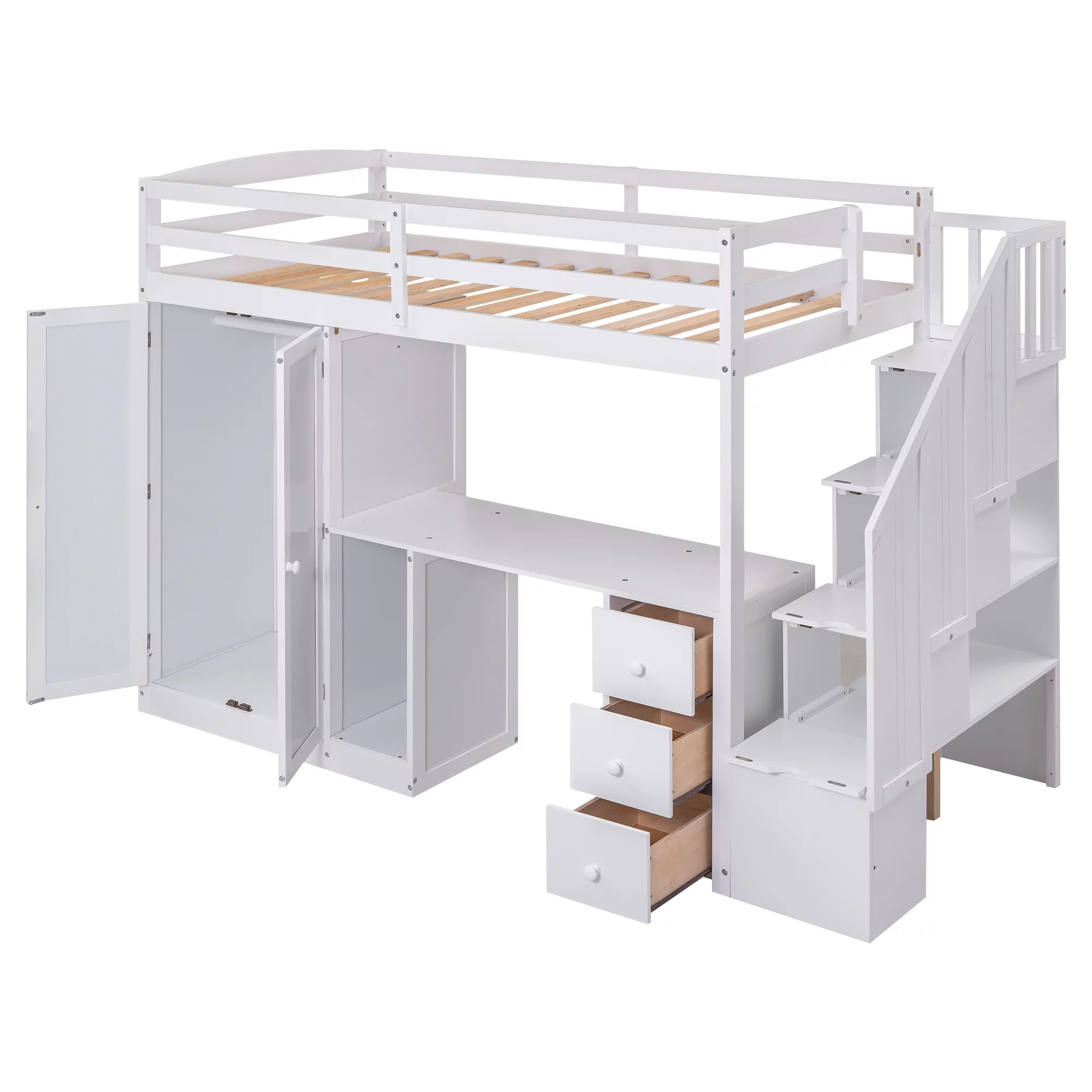 Euroco Twin Size Pine Wood Loft Bed with Desk, Drawers and Wardrobe for Kids Room, Storage Staircase, Sapce-Saving Shelf, White