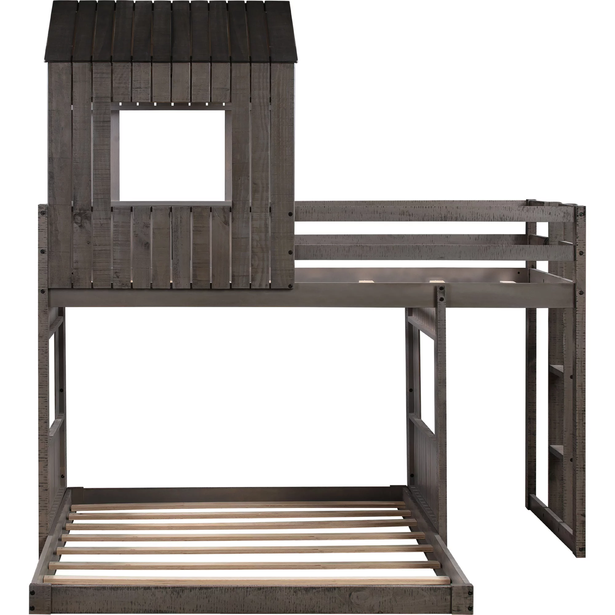 Royard Oaktree Twin Over Full House Bunk Beds with Roof and Windows Wooden Bunk Bed Frame with Ladder and Guardrails for Kids, Teens, Antique Gray