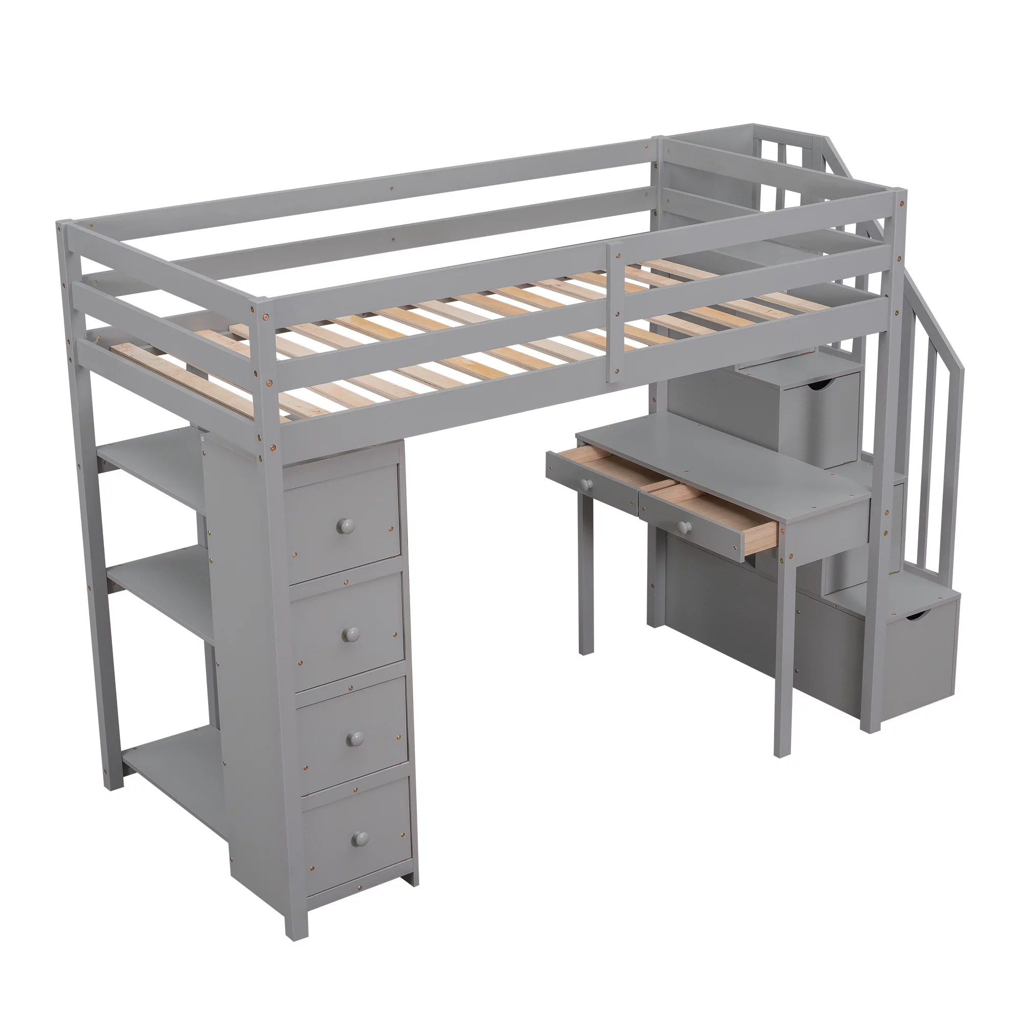 CoSoTower Twin Size Loft Bed with Storage Drawers ,Desk and Stairs, Wooden Loft Bed with Shelves - Gray