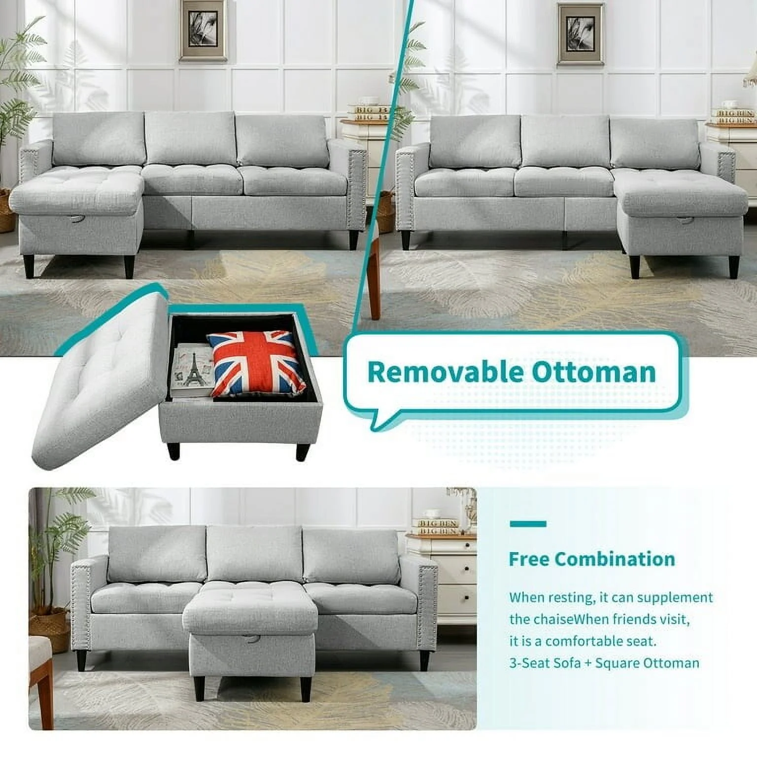 Mixoy Reversible Modular Sectional Sofa Couch Set,L-Shaped 3-Seater Sofa with Storage Ottoman - 77.1in*54.3in*31.8in Light Grey