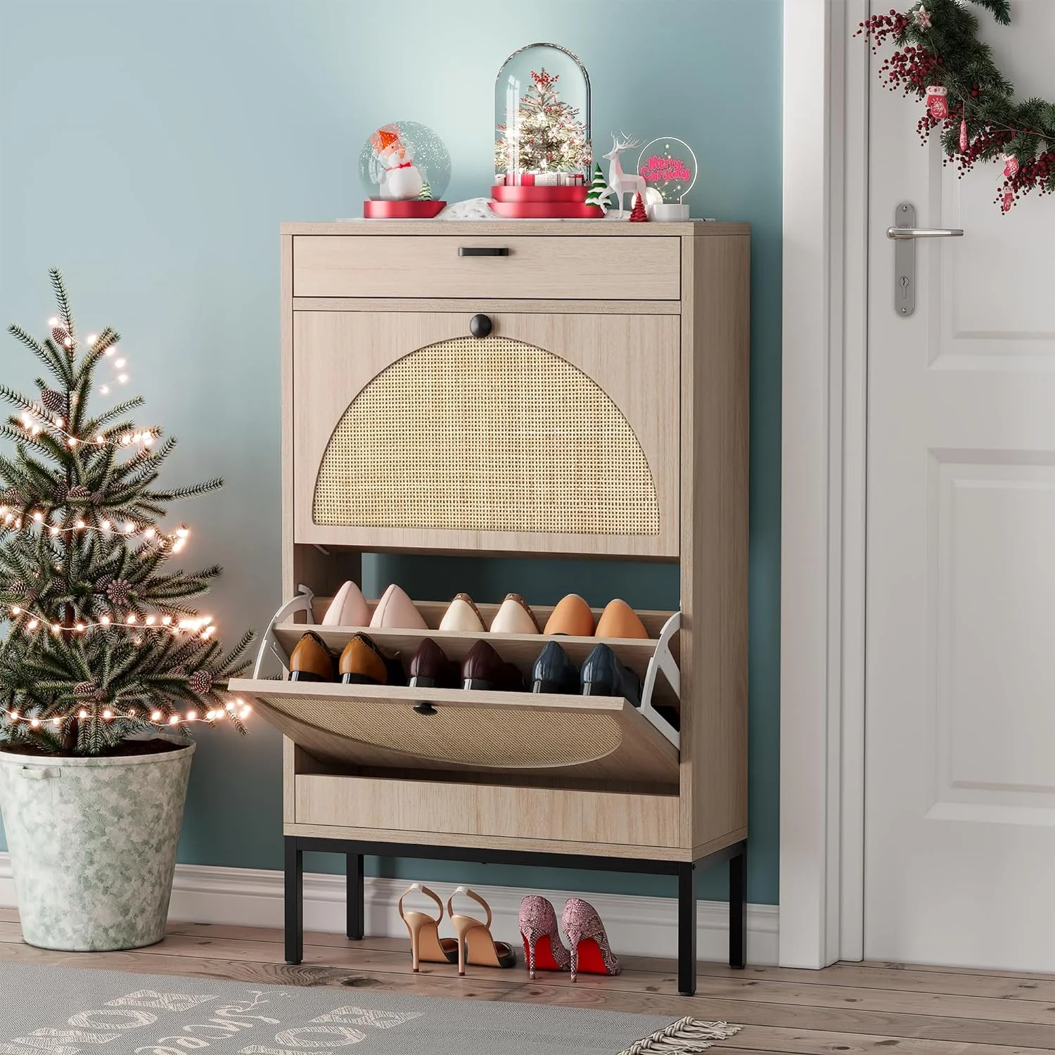Brafab Shoe Storage Cabinet with 2 Flip Drawers and Open Shelf Natural Rattan Slim Shoe Organizer Rack Wooden Tipping Shoe Dresser Narrow Entrance Shoes Console with Metal Legs for Entryway, Hallway