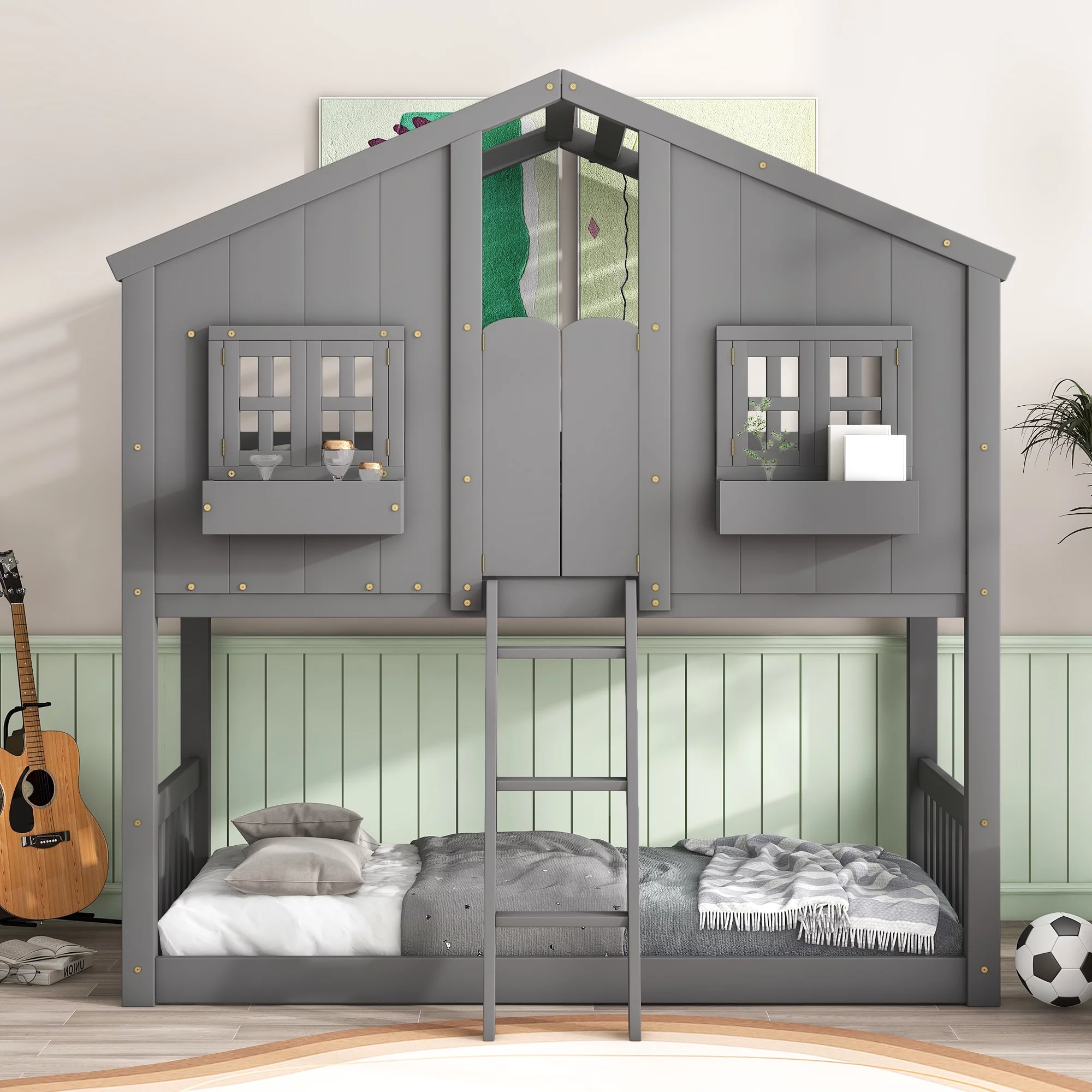 Solid Wood Twin over Twin House Bunk Bed with Roof, Window, Window Box, Door, Ladder and Guard Rail, Twin over Twin Bunk Bed for Toddler Kids Teens(Gray)