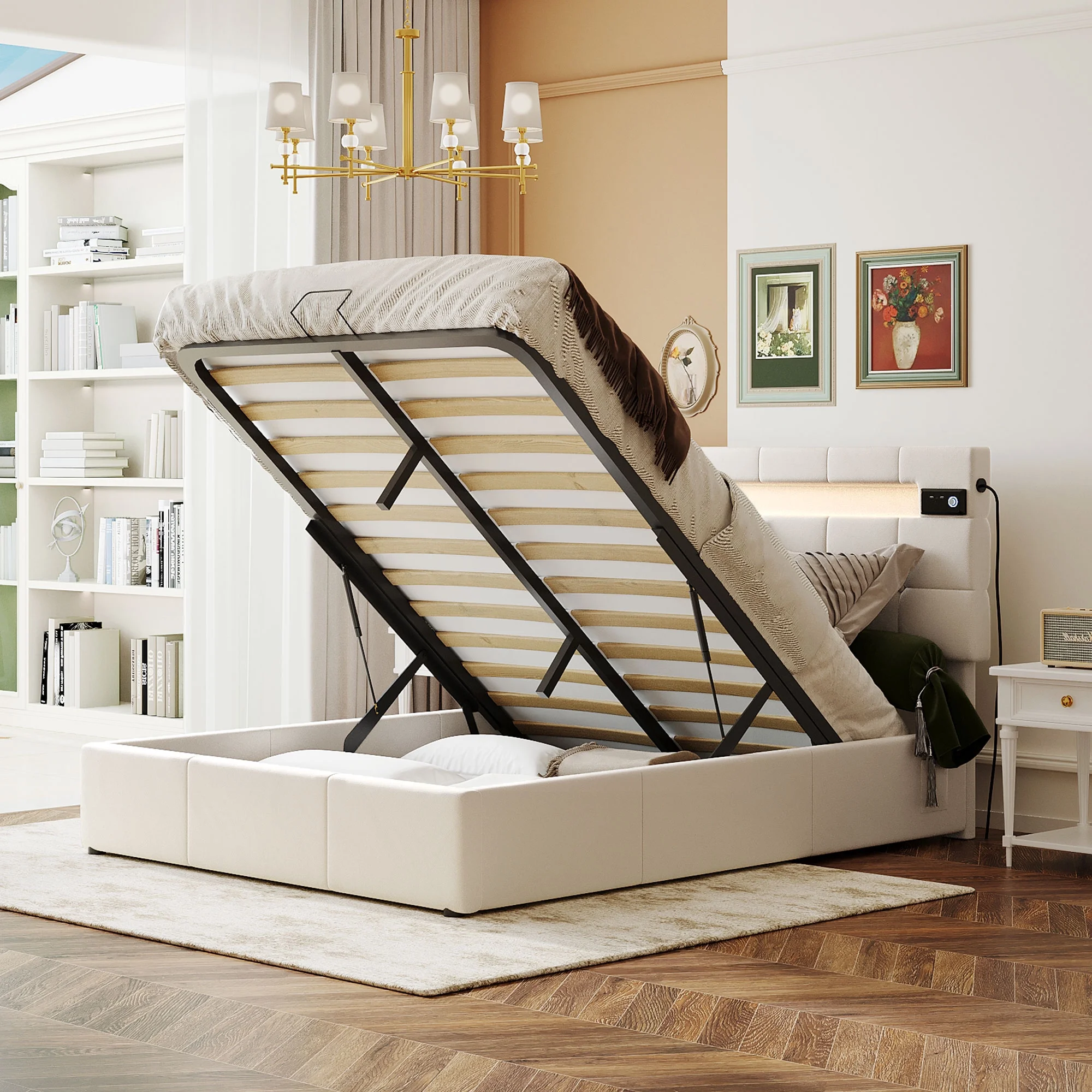 Churanty Full Size Upholstered Bed with LED Light and Integrated Bluetooth Audio System, Modern Platform Bed with Hydraulic Storage System and USB Port, Velvet , Beige