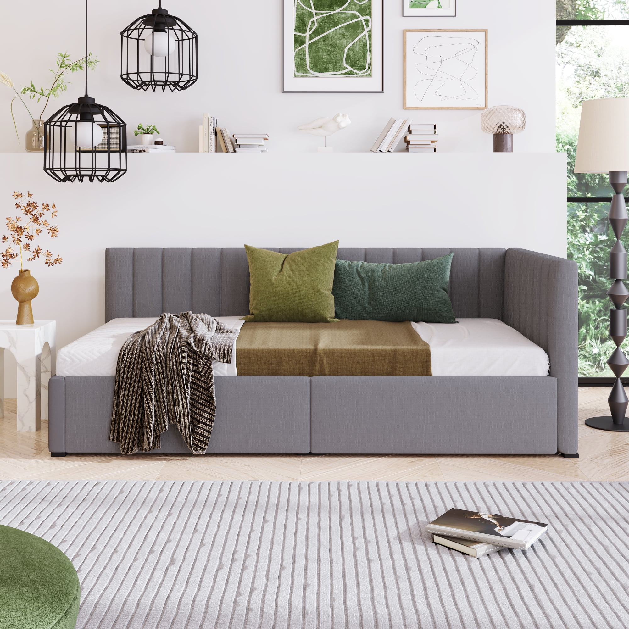 Sesslife Upholstered Daybed with Storage, Twin Size Linen Upholstered Sofa Bed Frame with 2 Drawers, No Box Spring Needed, Modern Twin Daybed for Bedroom Living Room, Gray