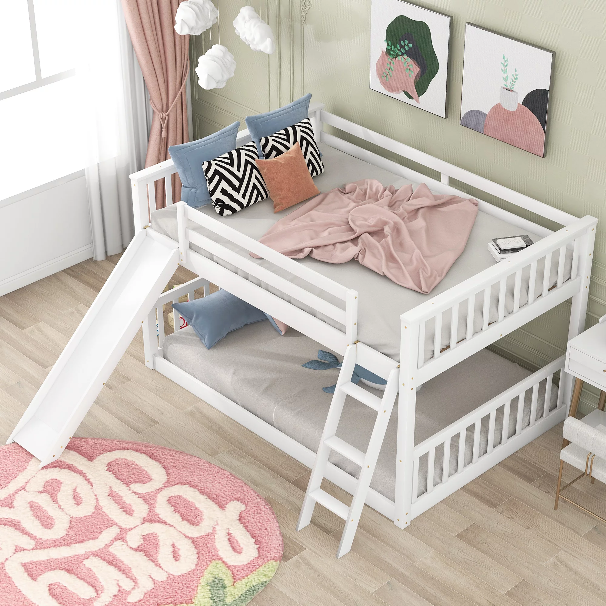 Hombay Low Full Over Full Bunk Bed with Convertible Slide and Ladder, Wood Slat Bed Frame for Child Kids