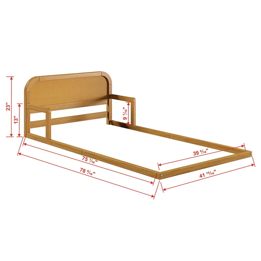 P’kolino Curva Rattan Kids Twin Floor Bed Frame with Headboard- FSC Certified Solid Pine Wood- Natural
