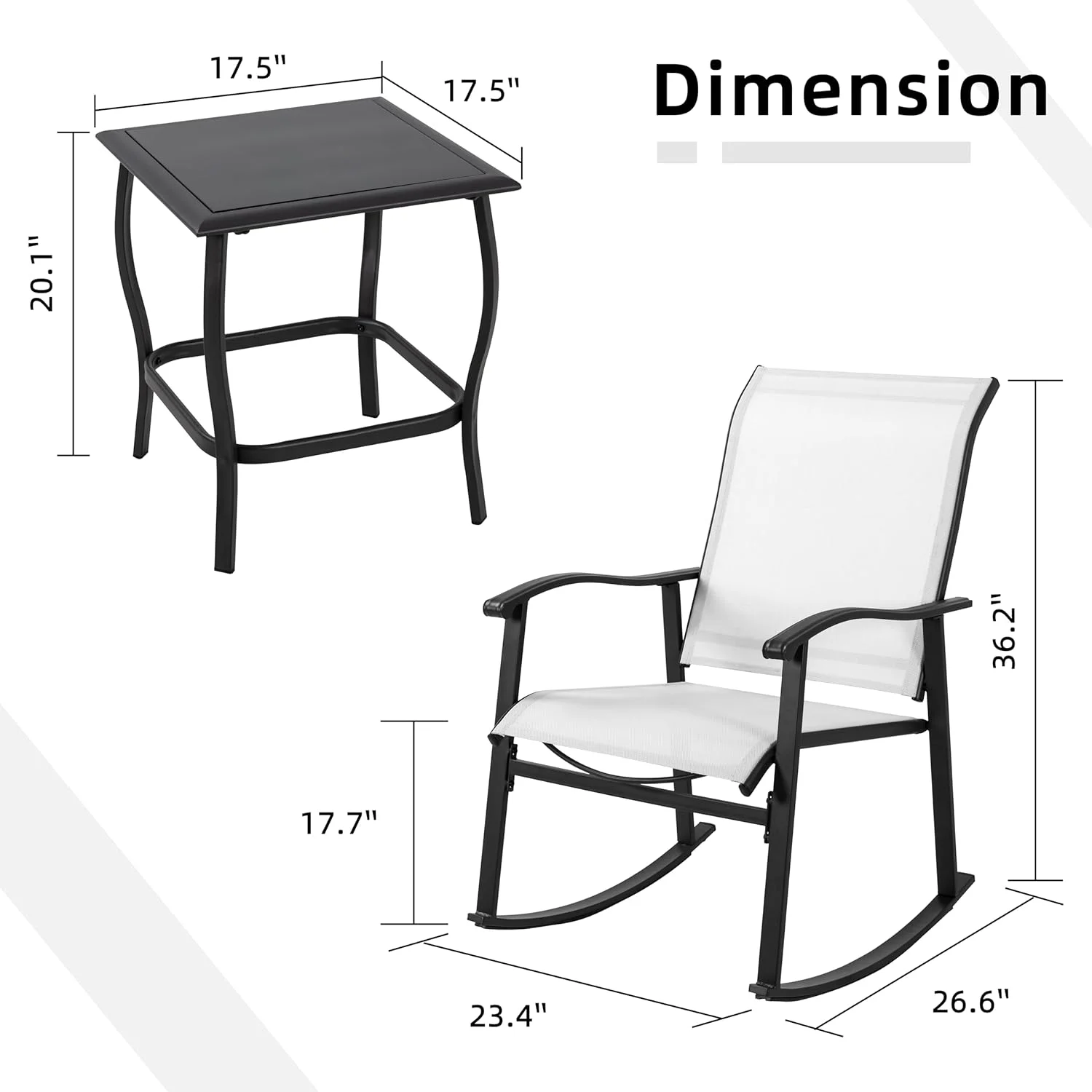 Vongrasig 3 Piece Outdoor Rocking Bistro Set, Textilene Fabric Small Patio Furniture Set, Front Porch Rocker Chairs Conversation Set with Glass Table for Lawn, Garden, Balcony, Poolside (White)