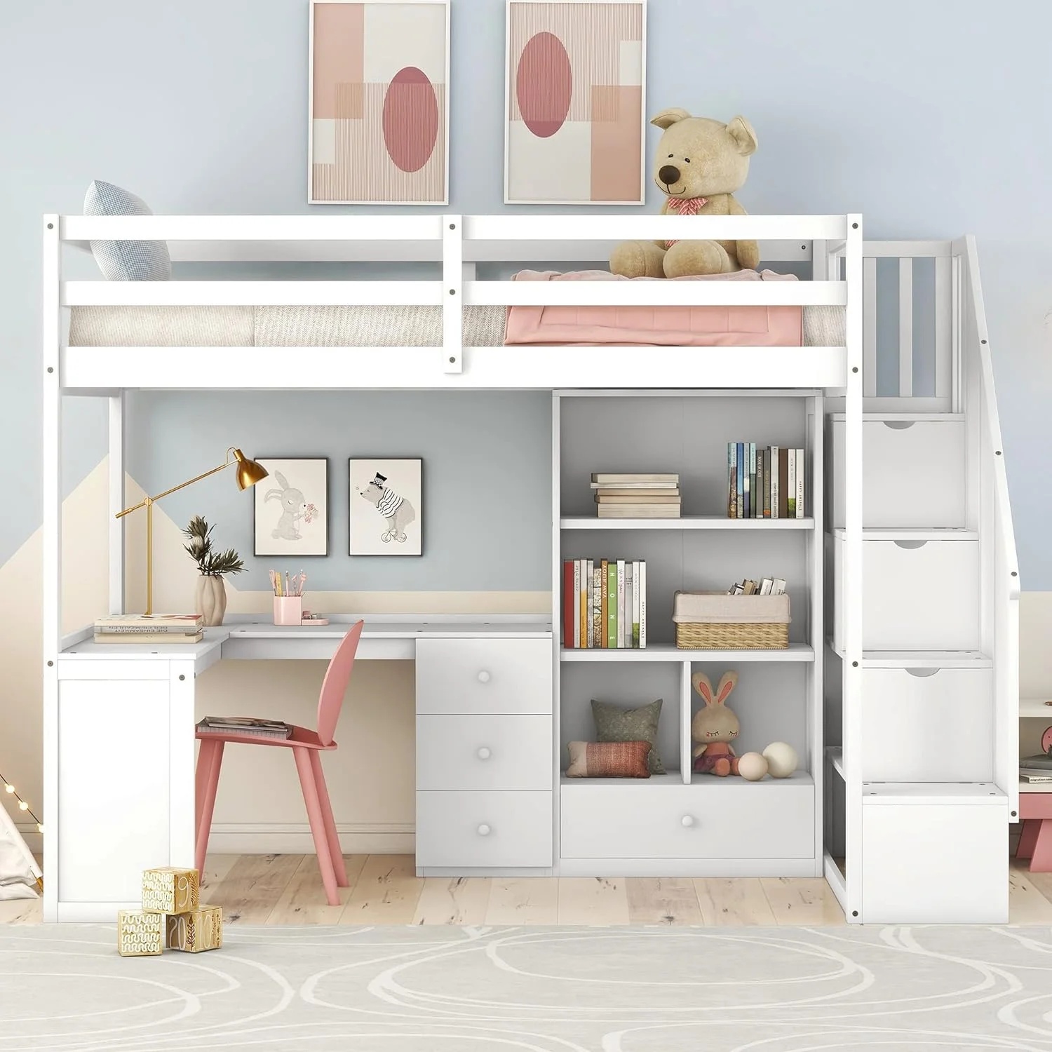 Size Loft Bed With Stairs Ad L-Shaped Desk, Wood Loft Bed With Storage Drawers Ad Cabiet, Loft Bed With Guardrails For Kids Girls Boys, White