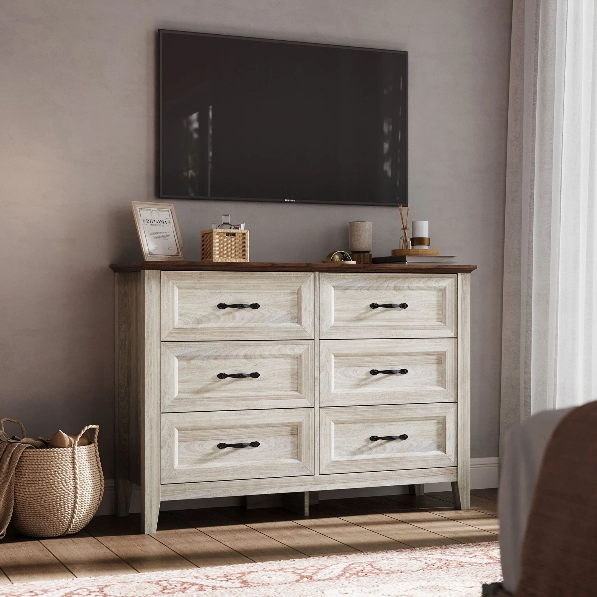 LINSY HOME Dresser for Bedroom, Long Dresser with 6 Drawers and Antique Handles, Chest of Drawers for Living Room, Entryway and Hallway, Rustic Oak