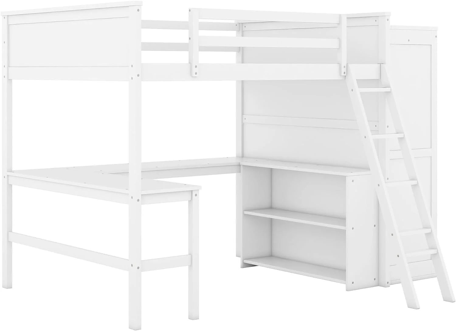 Full Size Loft Bed With Desk, Woode Full Loft Bed Frame With Shelves Ad Wardrobe, White