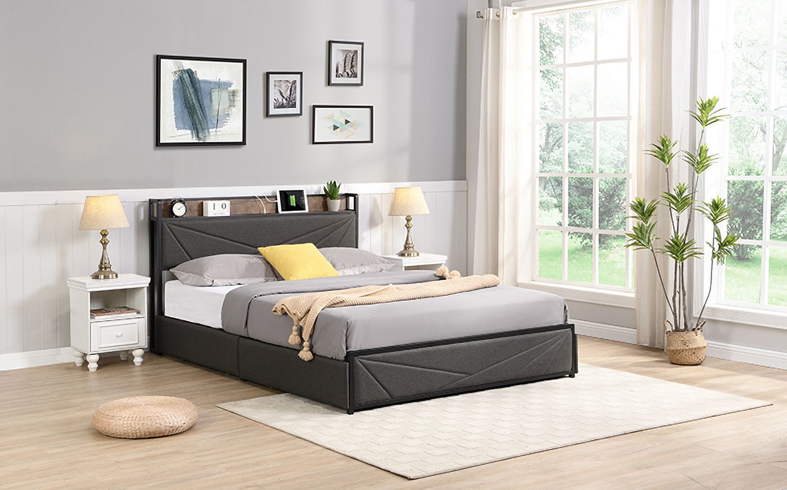 CoSoTower Queen Bed Frame, Storage Headboard with Charging Station, Solid and Stable, Noise Free, No Box Spring Needed, Easy Assembly