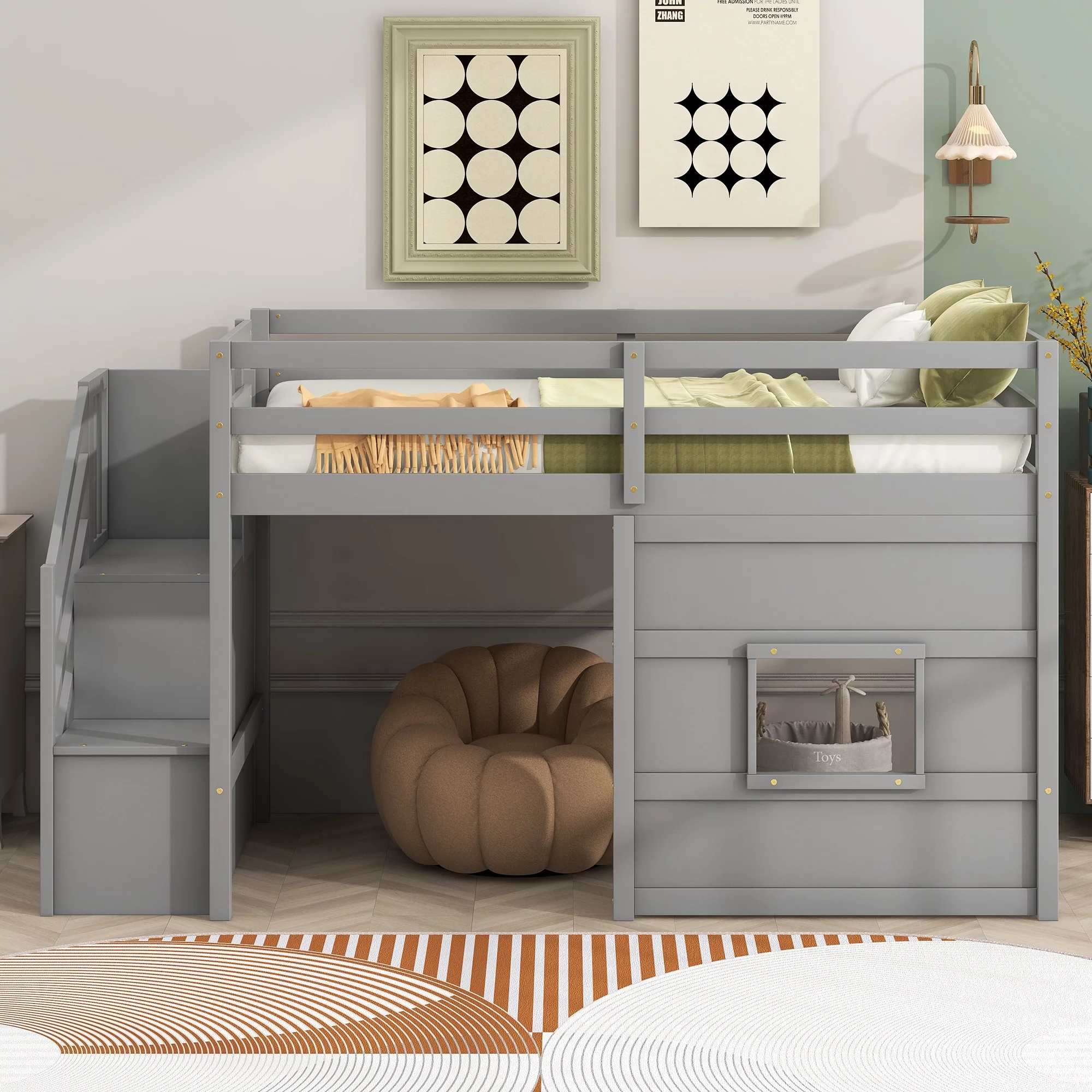 Bellemave Twin over Twin Size Loft bed with Underneath House & Strong Storage Staircases ,Solid Wood Twin Loft Bed with Full-Lengths Guardrails for Kids,Gray