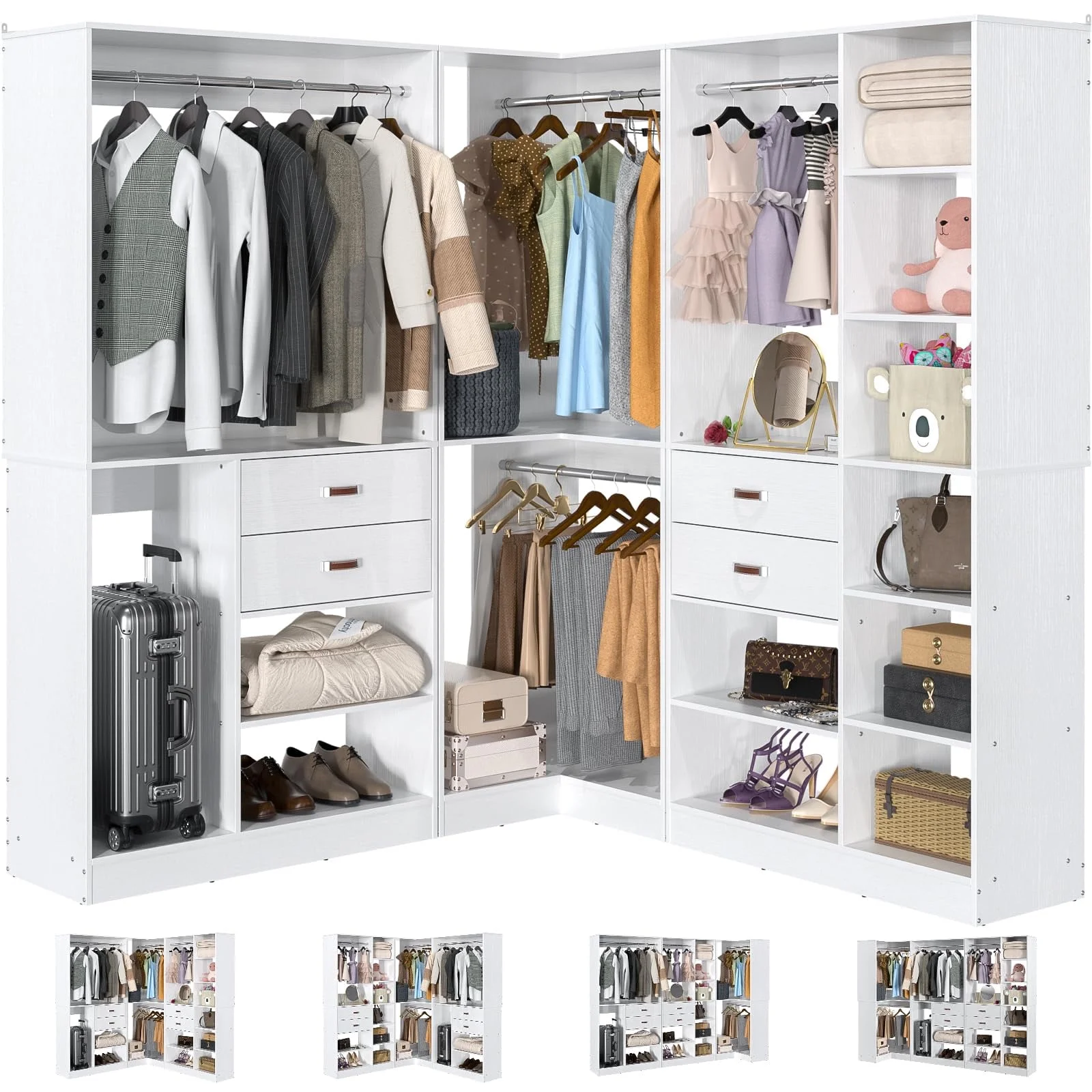 Homieasy Freestanding Closet System with 3 Sets, 110'' Reversible Stand-alone Wardrobe, 80'' Height Cloth Garment Organizer, Walk-in Closet with Hanging Rod, 71