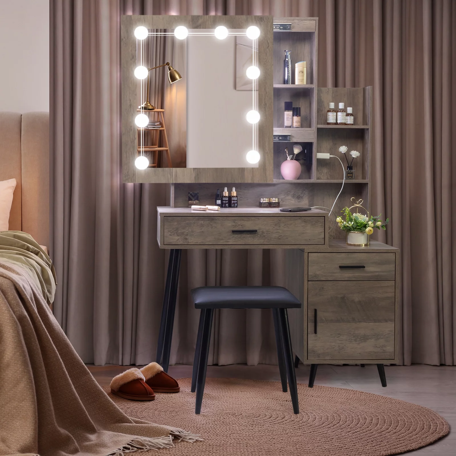 Ktaxon Lighted Vanity Table Set with USB Charging Station, Makeup Dressing Table with Sliding Mirror, Bedroom Vanities Set