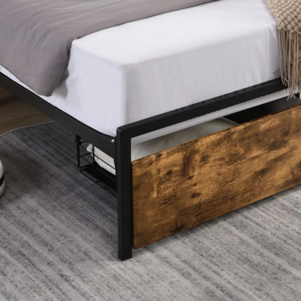 King Bed Frame, Storage Headboard with Charging Station, Solid and Stable, Noise Free, No Box Spring Needed, Easy Assembly  Antique brown + Metal & Wood + Bedroom + King + Bed Frame + Metal
