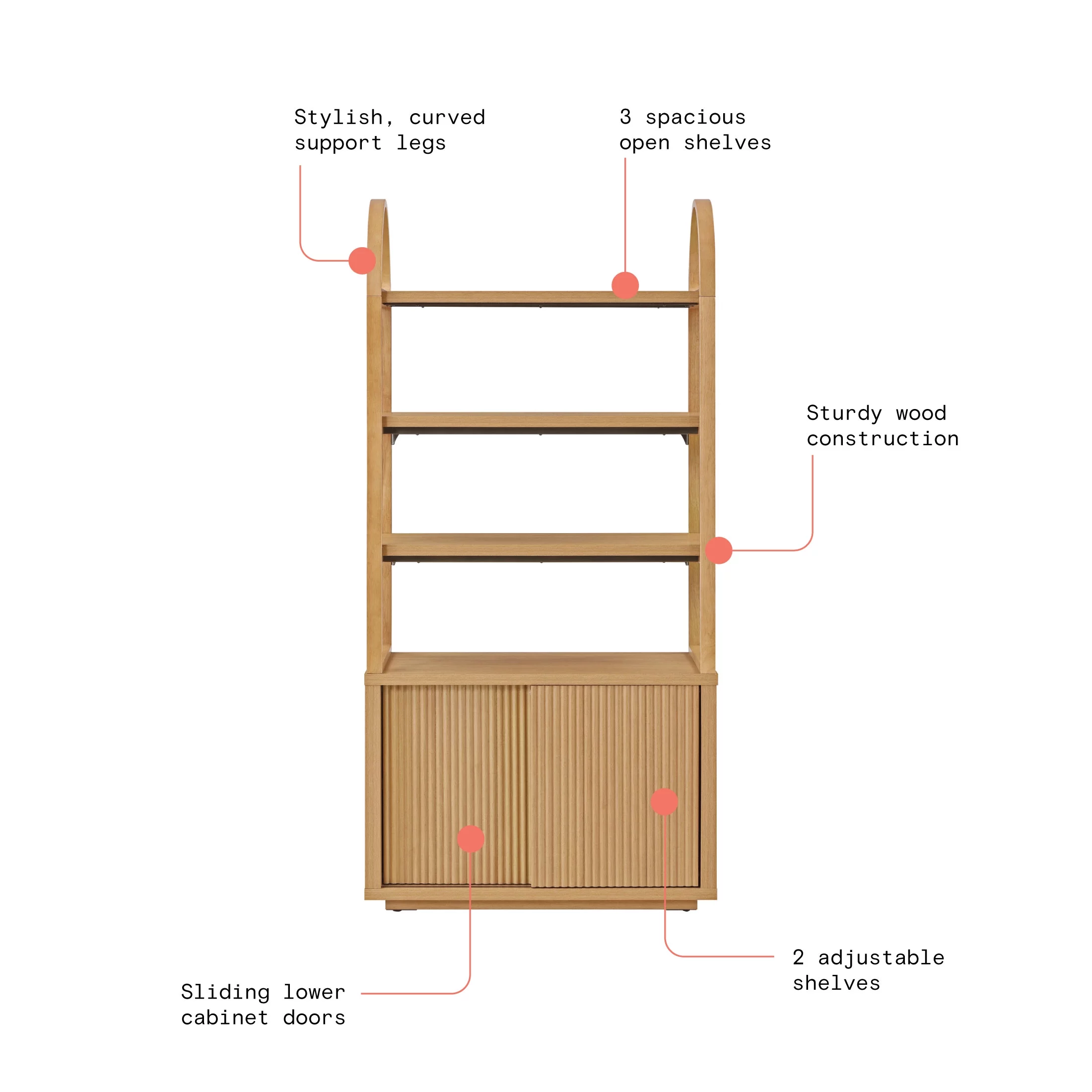Beautiful Fluted 3-Shelf Bookcase with Storage Cabinet by Drew Barrymore, Warm Honey Finish