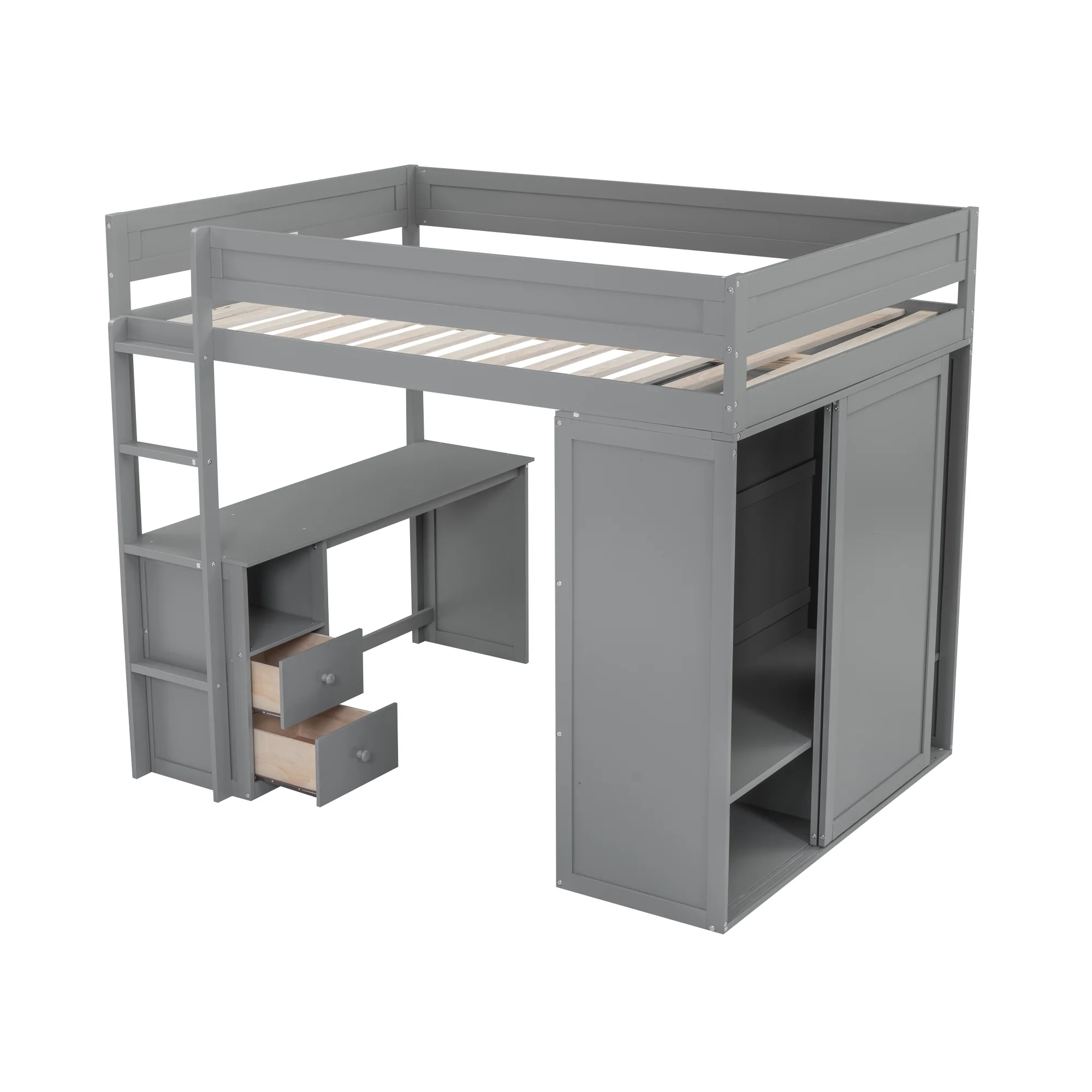 EUROCO Wood Full Size Loft Bed, Storage Desk and Drawers, Wardrobe with Clothes Hanger and Sliding Door for Living Room, Gray